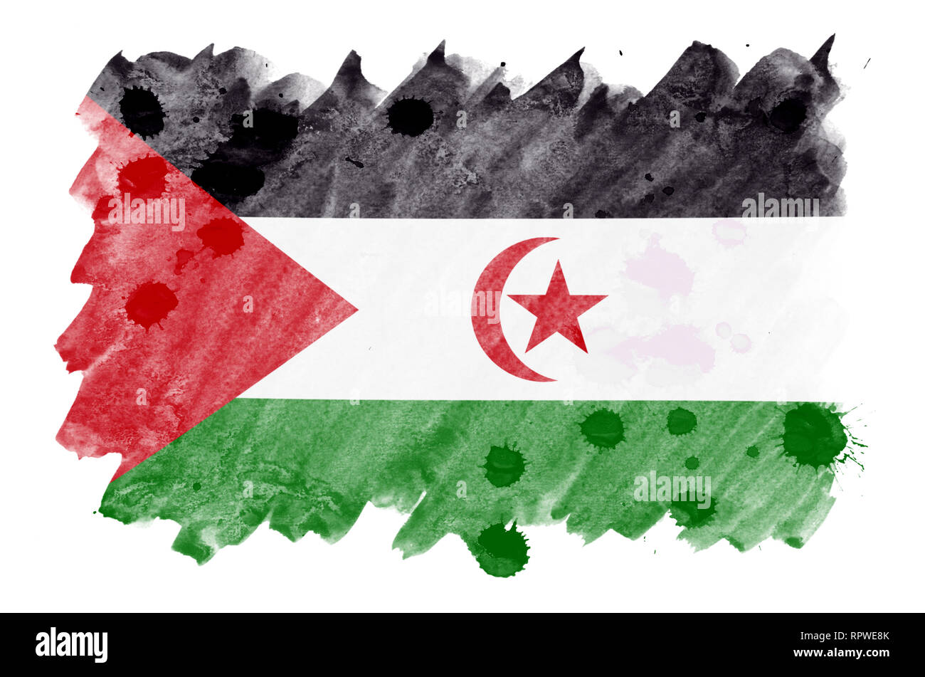 Westsahara Flagge ist in flüssiger Aquarell Stil auf weißem Hintergrund dargestellt. Unvorsichtige Farbe Beschattung mit Bild der nationalen Flagge. Unab Stockfoto