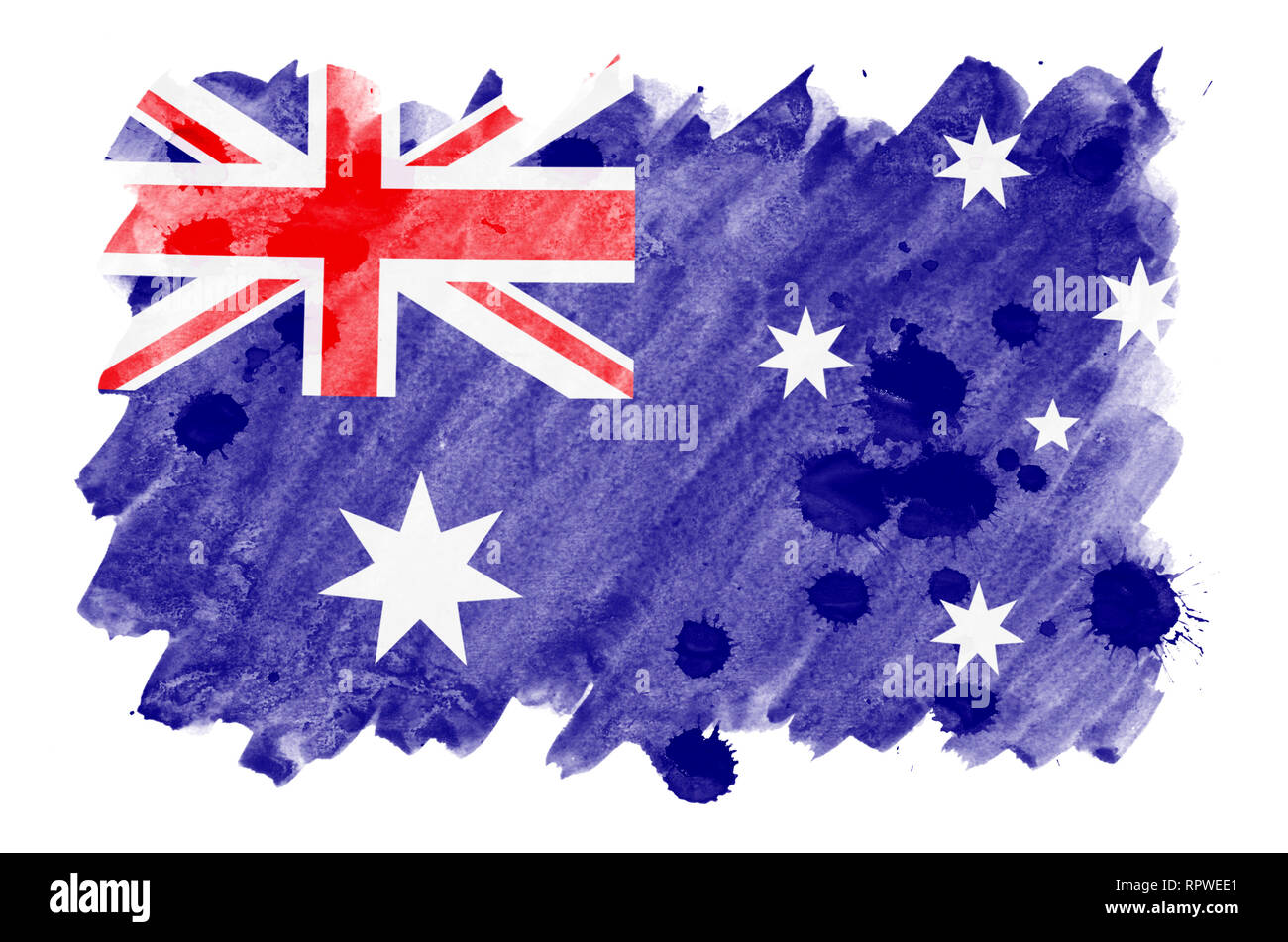 Australien Flagge ist in flüssiger Aquarell Stil auf weißem Hintergrund dargestellt. Unvorsichtige Farbe Beschattung mit Bild der nationalen Flagge. Unabhängigkeit Stockfoto