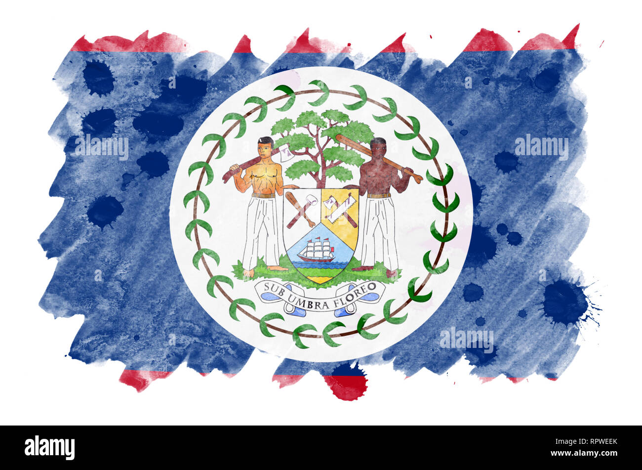 Belize Fahne ist in flüssiger Aquarell Stil auf weißem Hintergrund dargestellt. Unvorsichtige Farbe Beschattung mit Bild der nationalen Flagge. Tag der Unabhängigkeit Stockfoto