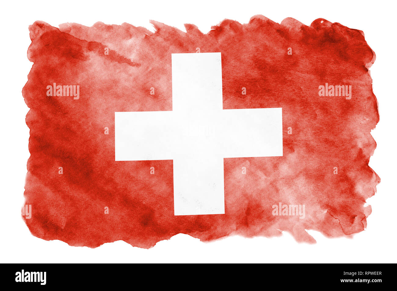Schweiz Flagge ist in flüssiger Aquarell Stil auf weißem Hintergrund  dargestellt. Unvorsichtige Farbe Beschattung mit Bild der nationalen  Flagge. Independenc Stockfotografie - Alamy