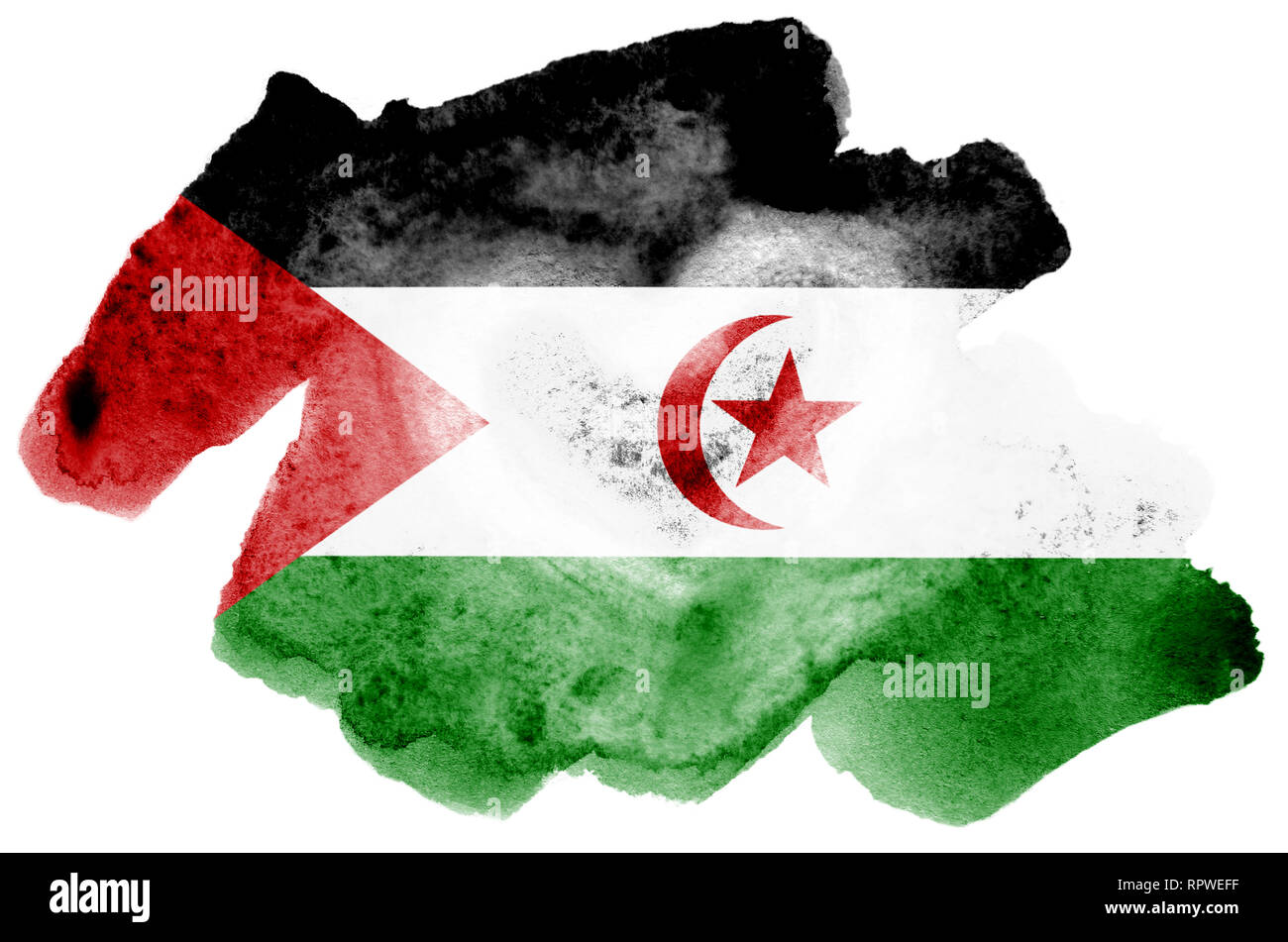 Westsahara Flagge ist in flüssiger Aquarell Stil auf weißem Hintergrund dargestellt. Unvorsichtige Farbe Beschattung mit Bild der nationalen Flagge. Unab Stockfoto