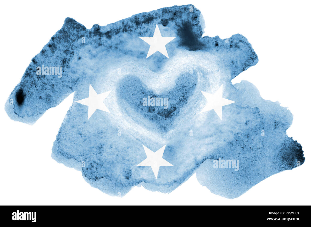 Mikronesien Flagge ist in flüssiger Aquarell Stil auf weißem Hintergrund dargestellt. Unvorsichtige Farbe Beschattung mit Bild der nationalen Flagge. Unabhängigkeit Stockfoto