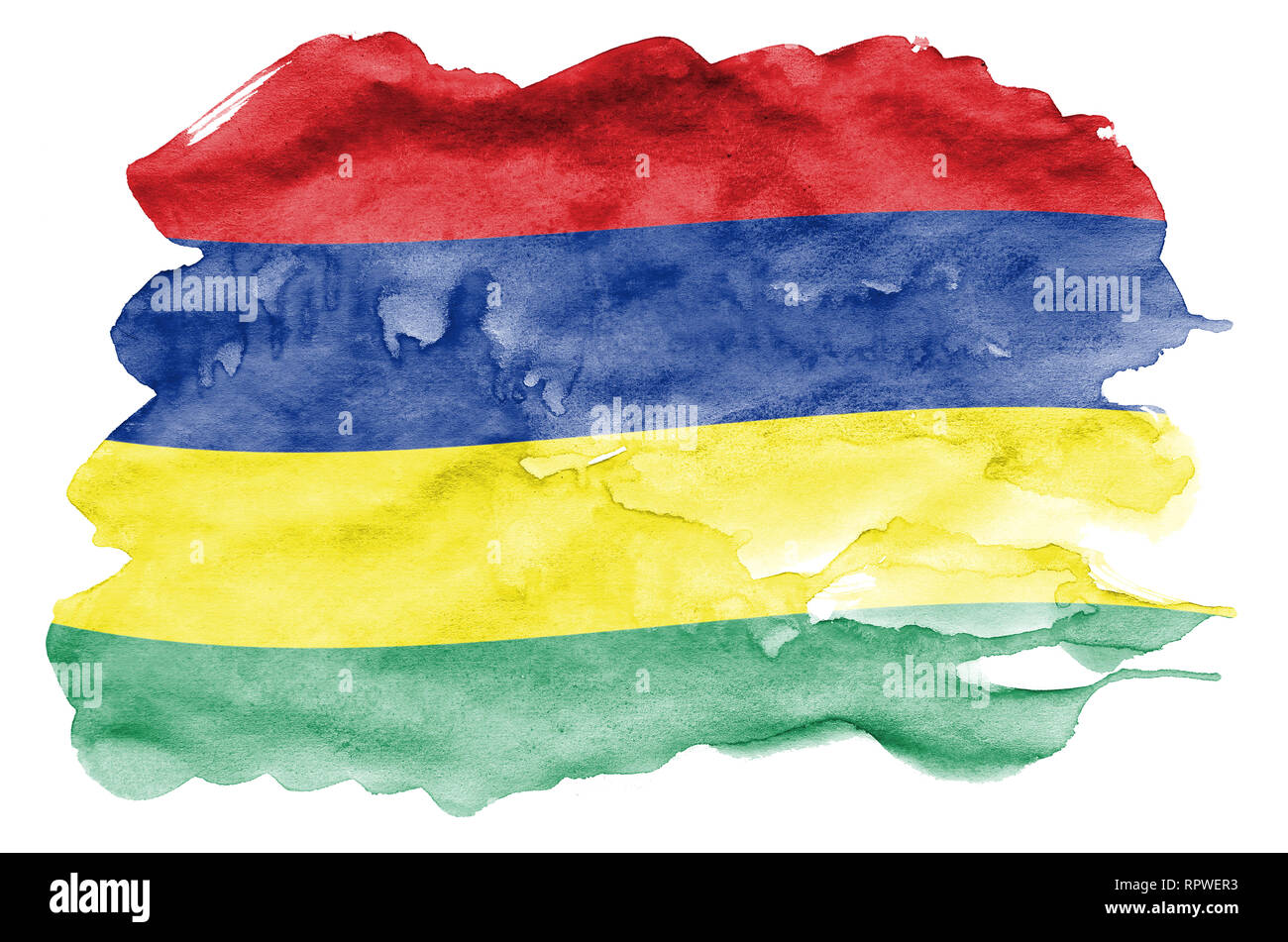 Mauritius Flagge ist in flüssiger Aquarell Stil auf weißem Hintergrund dargestellt. Unvorsichtige Farbe Beschattung mit Bild der nationalen Flagge. Unabhängigkeit Stockfoto