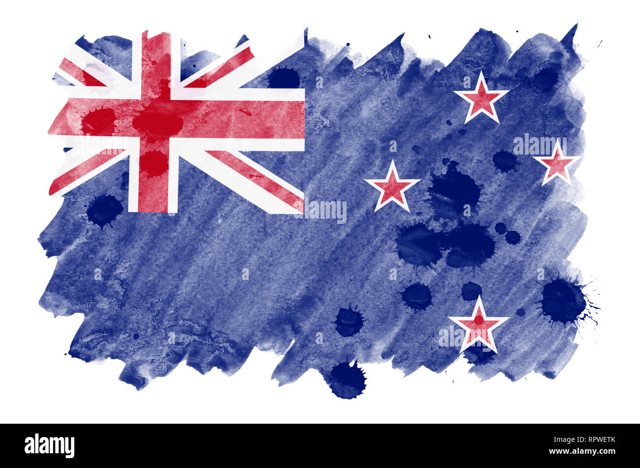 Neuseeland Flagge ist in flüssiger Aquarell Stil auf weißem Hintergrund dargestellt. Unvorsichtige Farbe Beschattung mit Bild der nationalen Flagge. Independenc Stockfoto