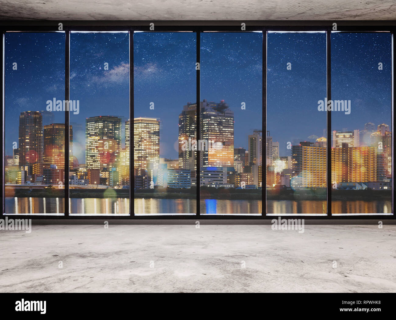 Leere modernen Innenraum mit Blick auf die Stadt bei Nacht und Sternenhimmel, Leere Business Office Interior Stockfoto