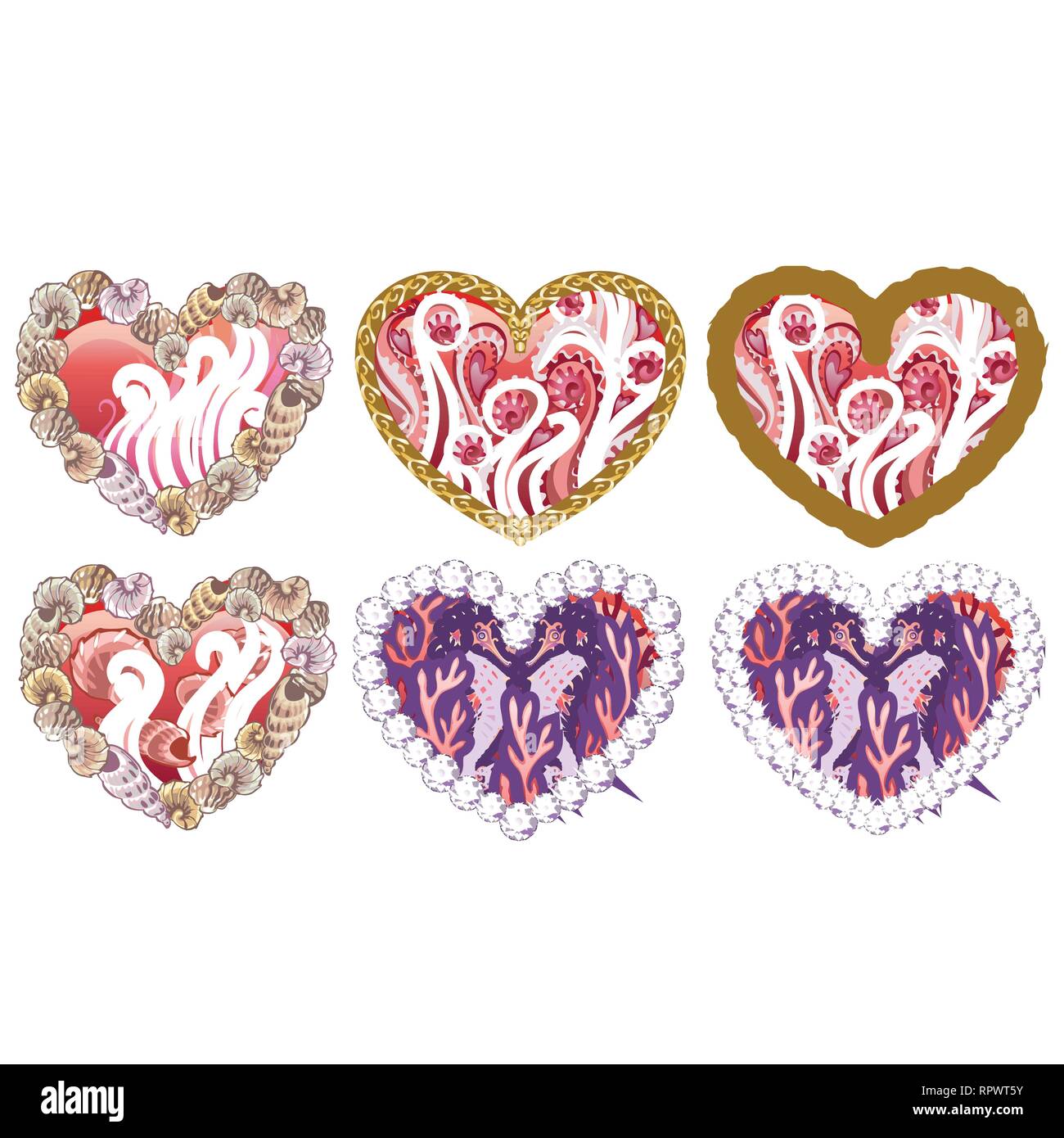 Reihe von schönen Herzen mit Verzierung von Meeresbewohnern, Muscheln, Edelsteine auf weißem Hintergrund. Vorstellung von Design Karte oder Poster für Stock Vektor