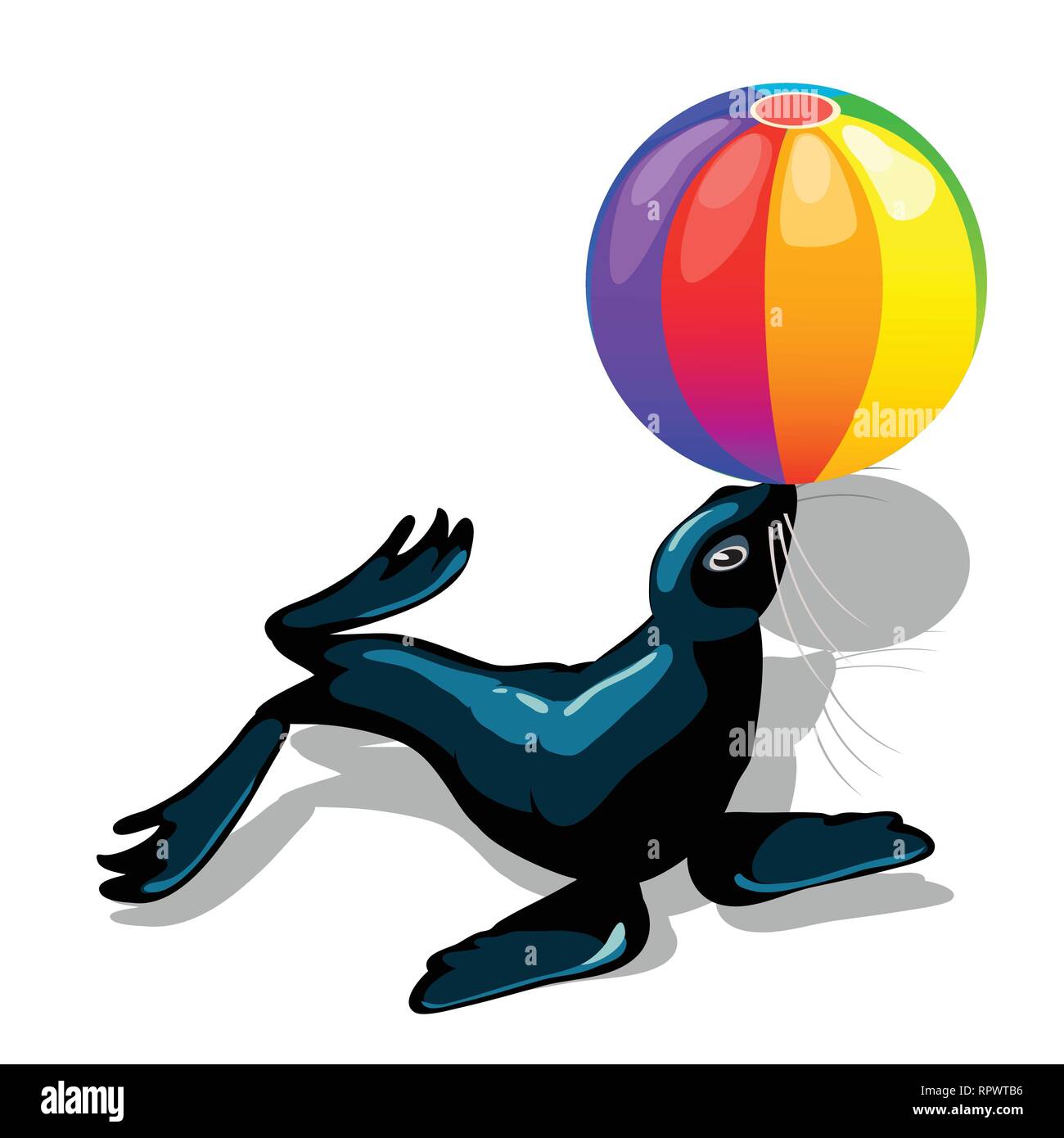 Zirkustier sea lion mit bunten Ball auf weißem Hintergrund. Vektor cartoon Close-up Abbildung. Stock Vektor
