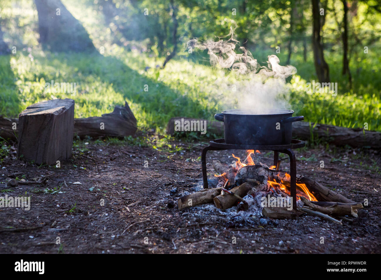 Kochen über einem Lagerfeuer in einem Waldgebiet in Kent, Großbritannien Stockfoto