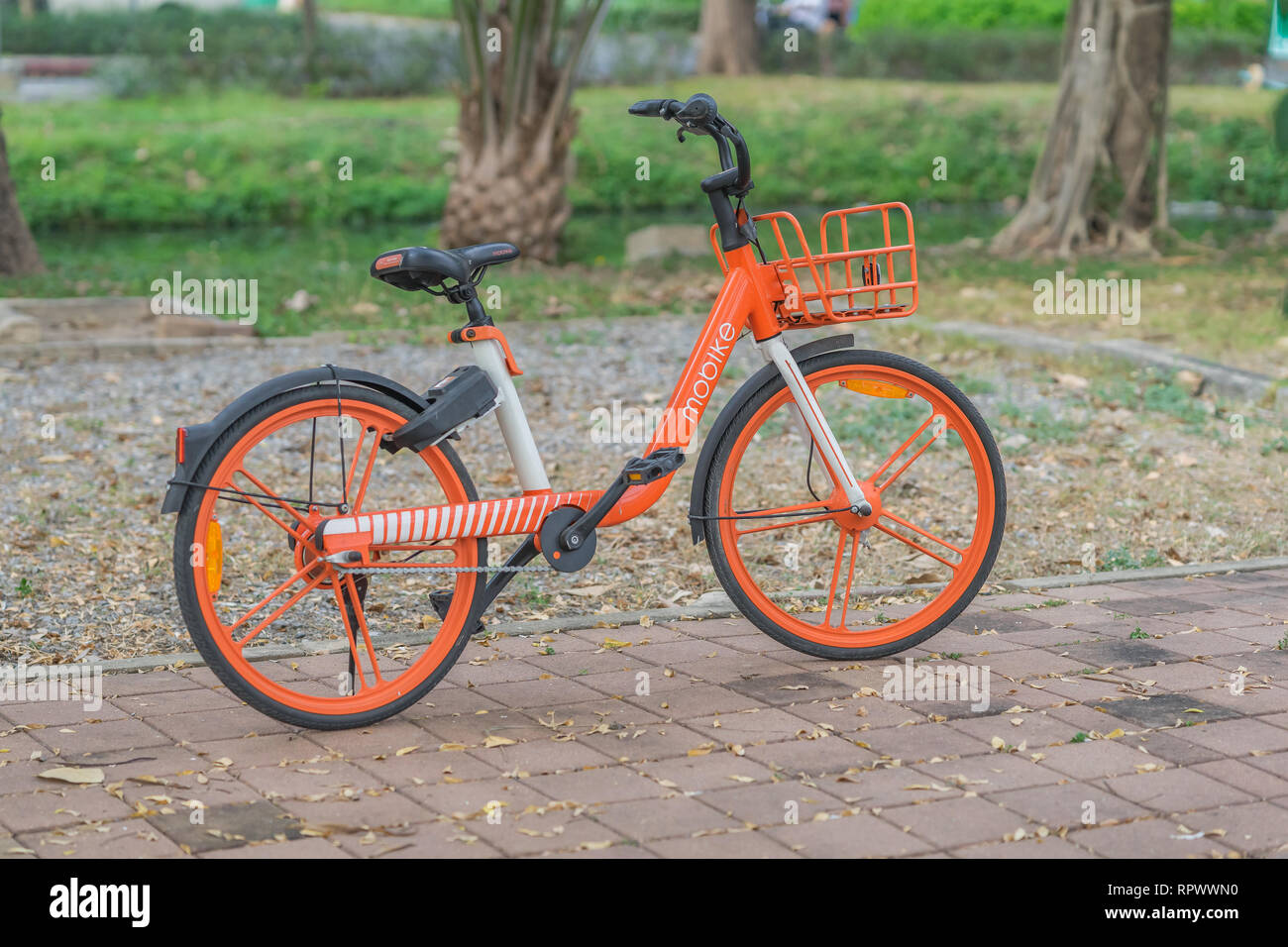 Orange Fahrrad in einem Park. Stockfoto