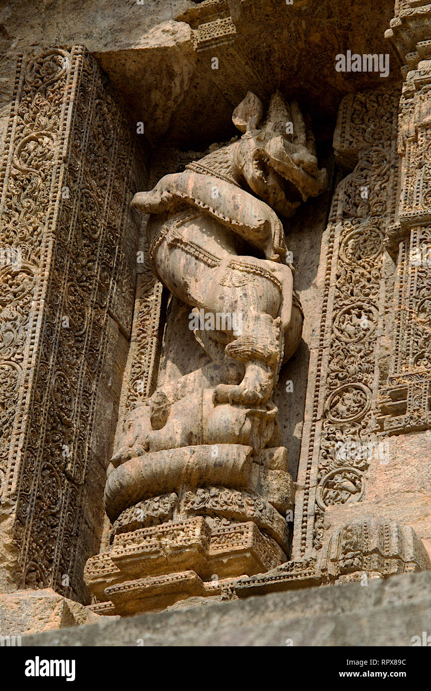 Wall panel Skulptur von Lion tanzen auf Elefanten bei Sun Tempel in Konark, Odisha (Orrissa), Indien, Asien Stockfoto