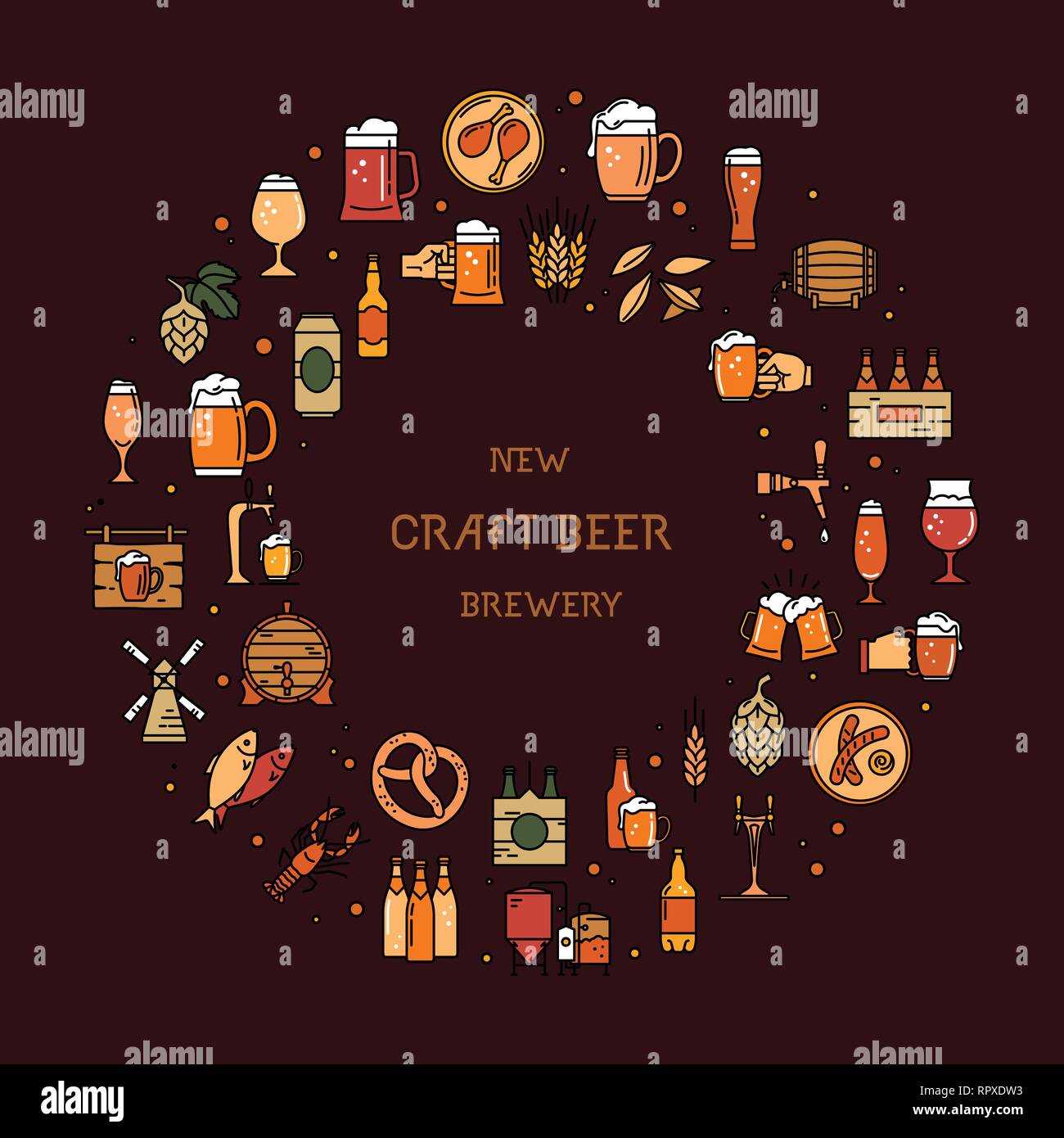 Runde einen großen Satz von farbigen Symbole auf das Thema des Bieres, seine Herstellung und Verwendung im Vektorformat mit einem Platz für den Text. Handwerk Bier pixel-Perfe Stock Vektor