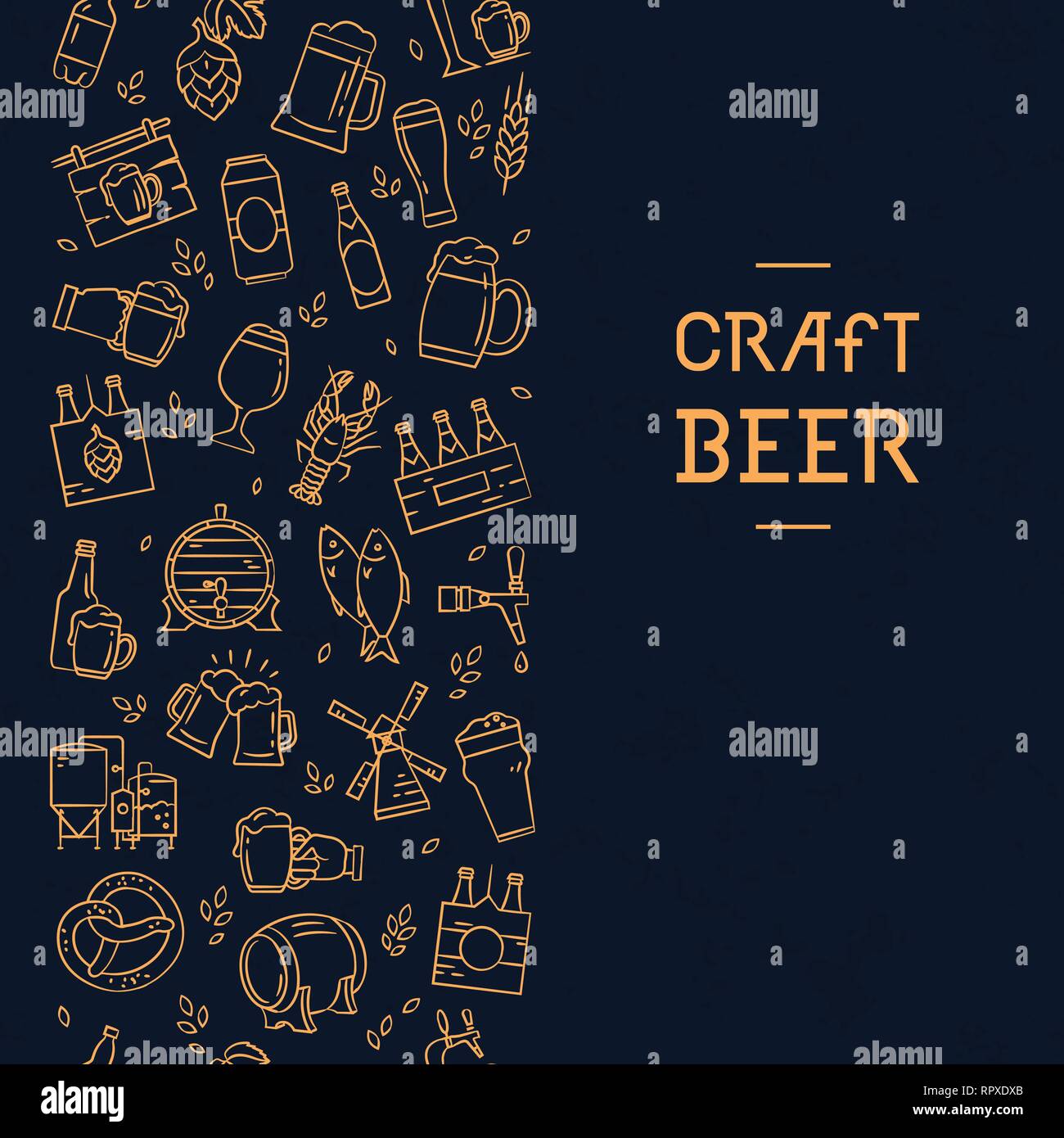 Dunkle nahtlose vertikale Muster Bier von handgezeichneten Symbole auf das Thema des Bieres, seine Herstellung und Verwendung im Vektorformat. Handgezeichneten flachbild Symbole in diesem p Stock Vektor