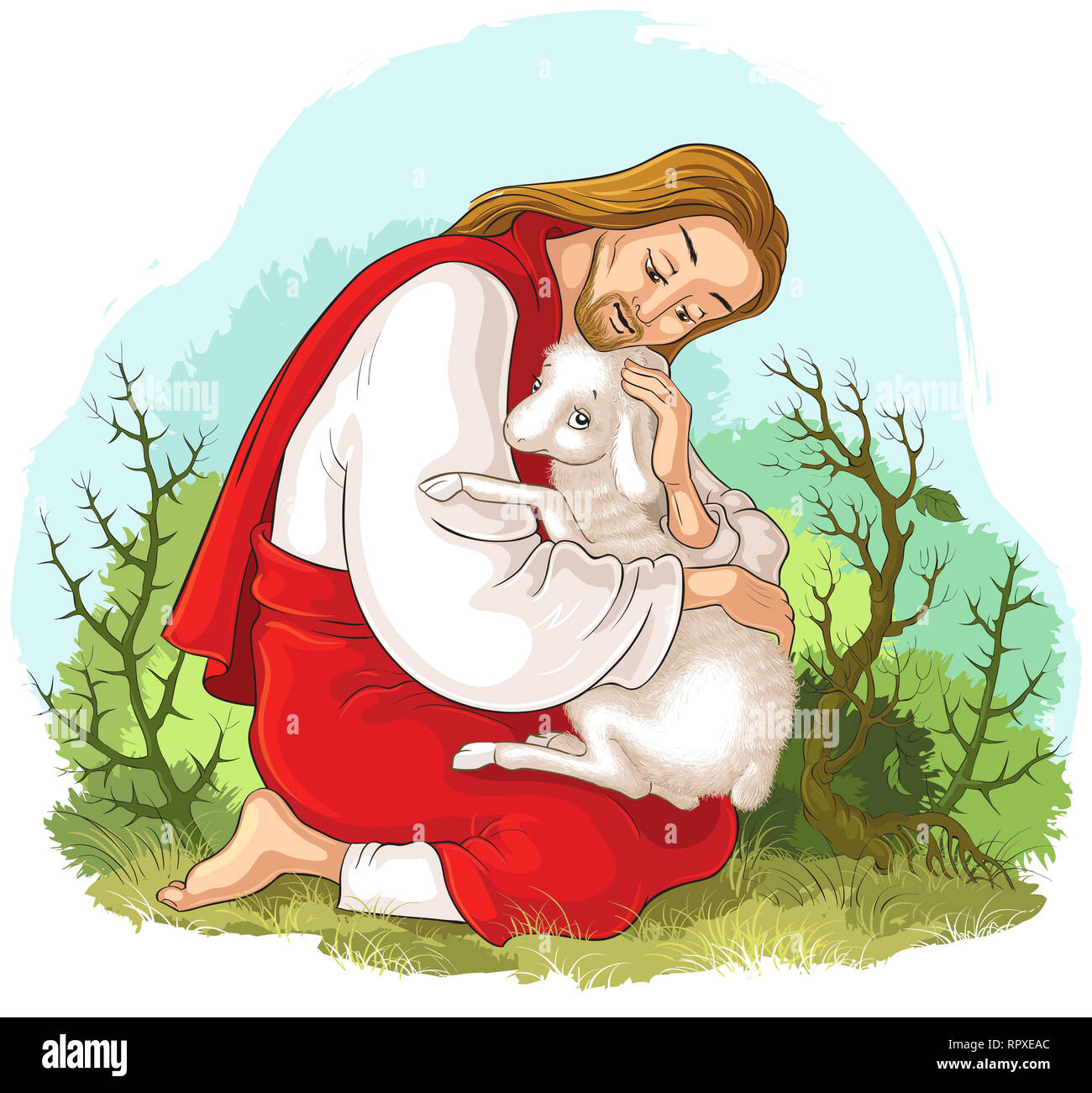 Die Geschichte von Jesus Christus. Das Gleichnis vom verlorenen Schaf. Der Gute Hirte Rettung ein Lamm Verfangen in Dornen Stockfoto
