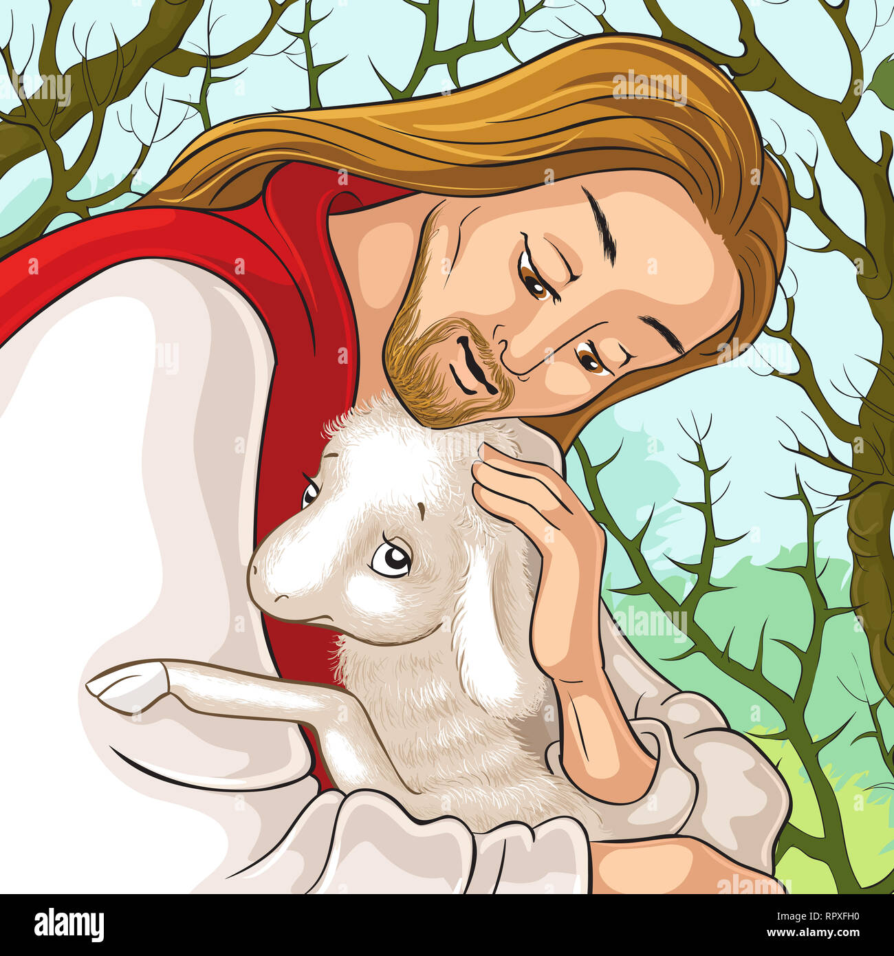 Die Geschichte von Jesus Christus. Das Gleichnis vom verlorenen Schaf. Der Gute Hirte Portrait Rettung ein Lamm Verfangen in Dornen Stockfoto