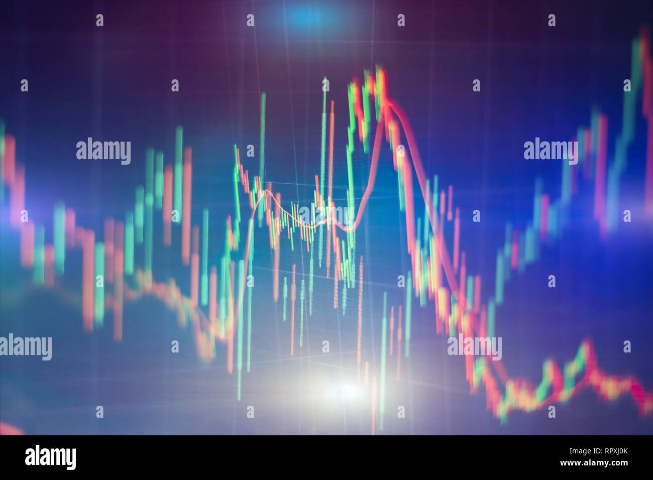 Forex leuchtende Grafiken in verschiedenen Farben übersicht Finanzmarkt Situation auf abstrakte digitale Hintergrund. Stockfoto