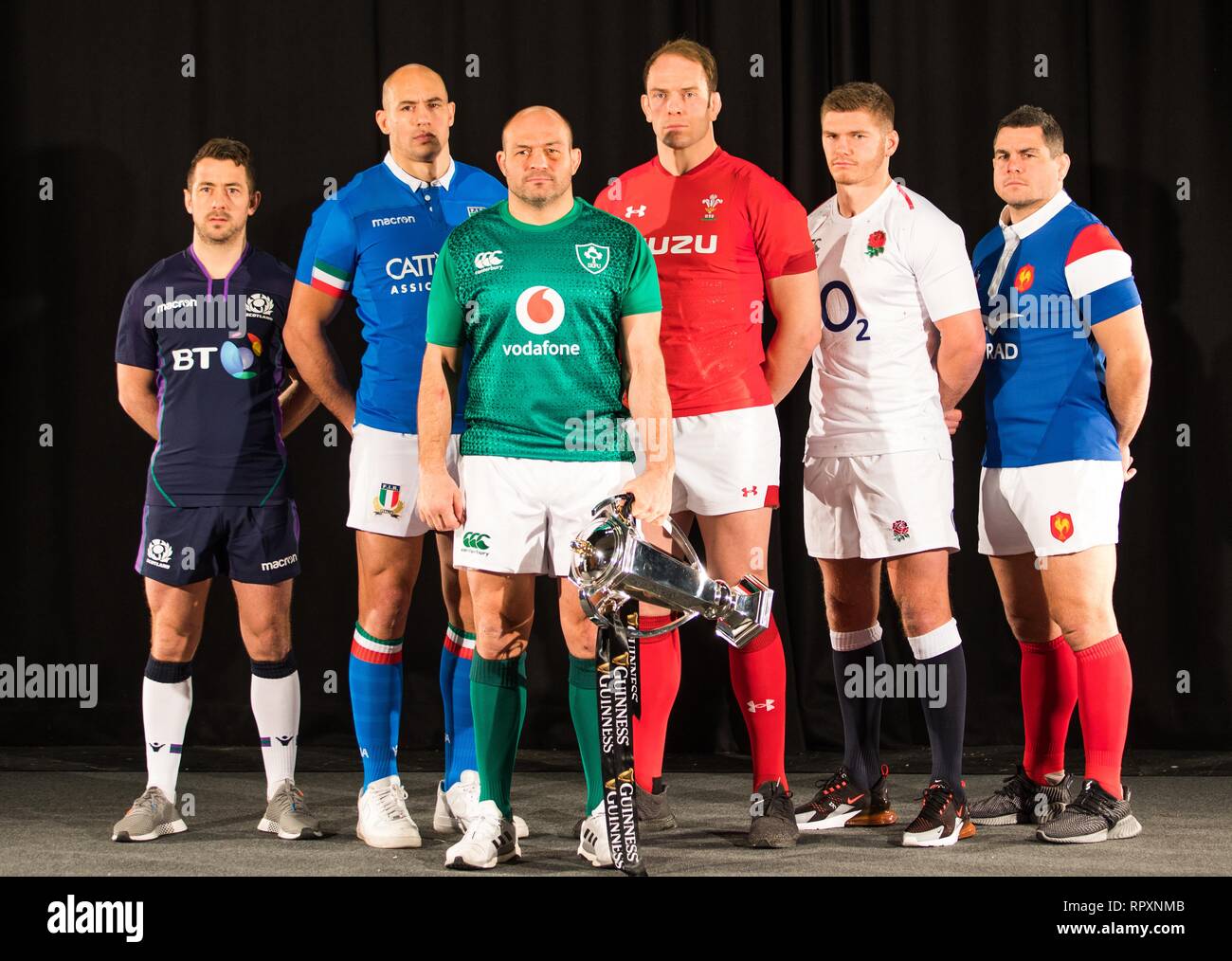 Gäste besuchen die offizielle Pressevorstellung für 'Guinness sechs Nationen der internationalen Rugby Turnier mit: Greig Laidlaw, Sergio Parisse, Rory Best, Alun Wyn Jones, Owen Farrell, Guilhem Guirado Wo: London, Vereinigtes Königreich, wenn: 23 Jan 2019 Credit: Phil Lewis/WENN.com Stockfoto