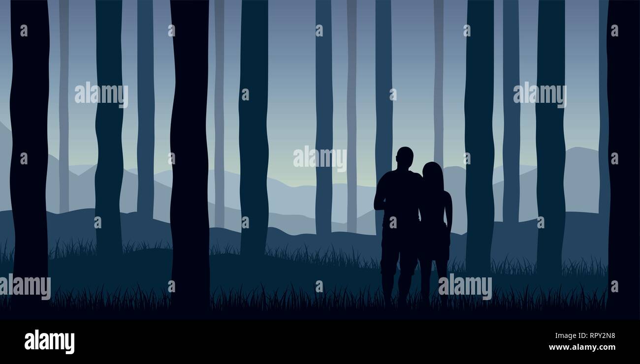 Junges Paar macht einen Spaziergang in den Wald blau natur landschaft Vektor-illustration EPS 10. Stock Vektor