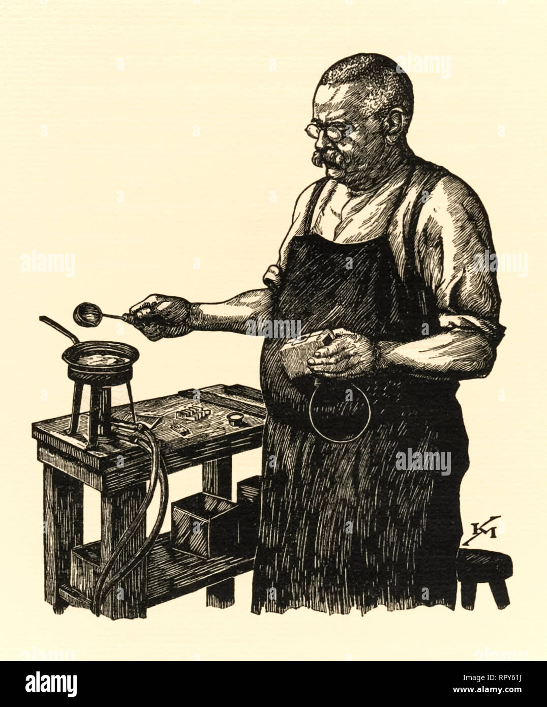 Vorbereitung aus Metall für den Einsatz in Buchdruck. Hier geschmolzenes Metall wird vorbereitet in eine Form gegossen werden, um eine glymph für den Einsatz in Hand set Metall bewegliche Art Druck zu werfen. Holzschnitt von Karl Mahr (1890-1945). Stockfoto