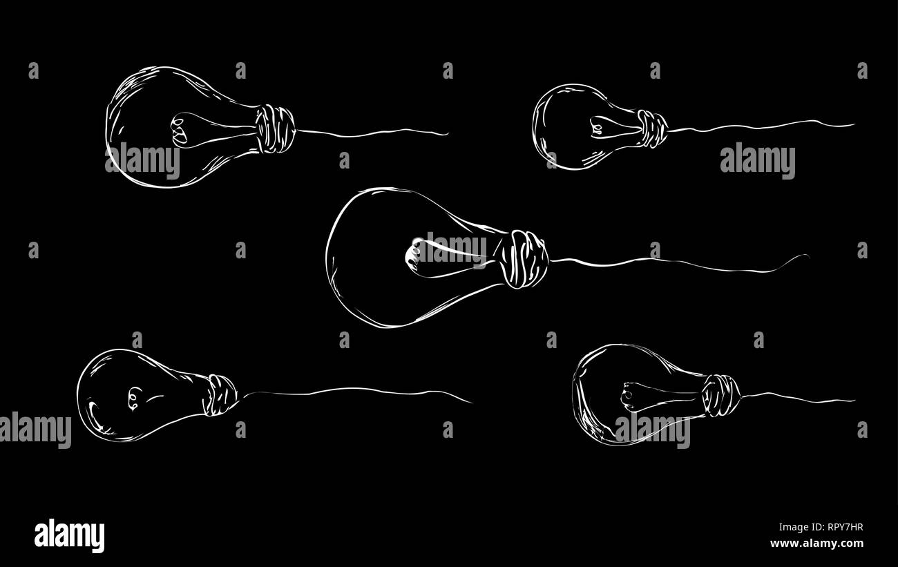 Malte Glühlampen auf einen dunklen Hintergrund für Inneneinrichtung, Design, Werbung, Ideen, Symbole, Webseiten, Bilder, Bildschirmschoner. Vektor Skizze. Stock Vektor