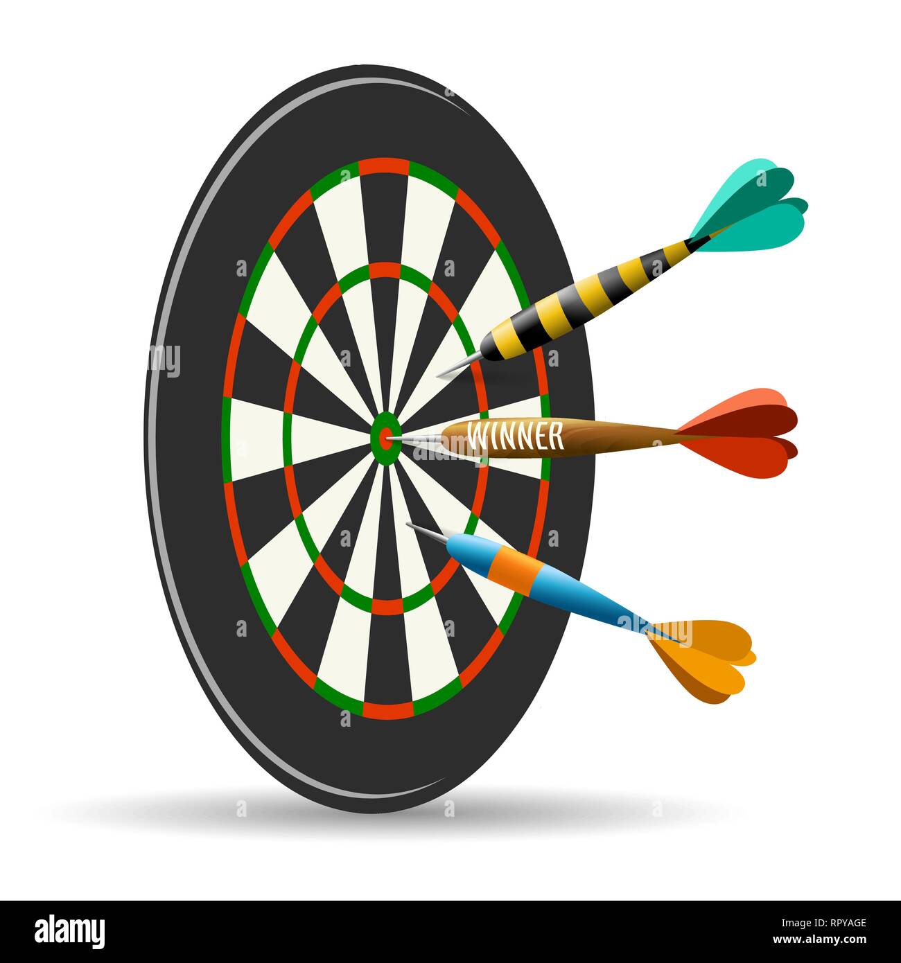 Dart Board mit drei Darts. Ziel Ziel Wettbewerb Konzept. Vector Illustration Stock Vektor