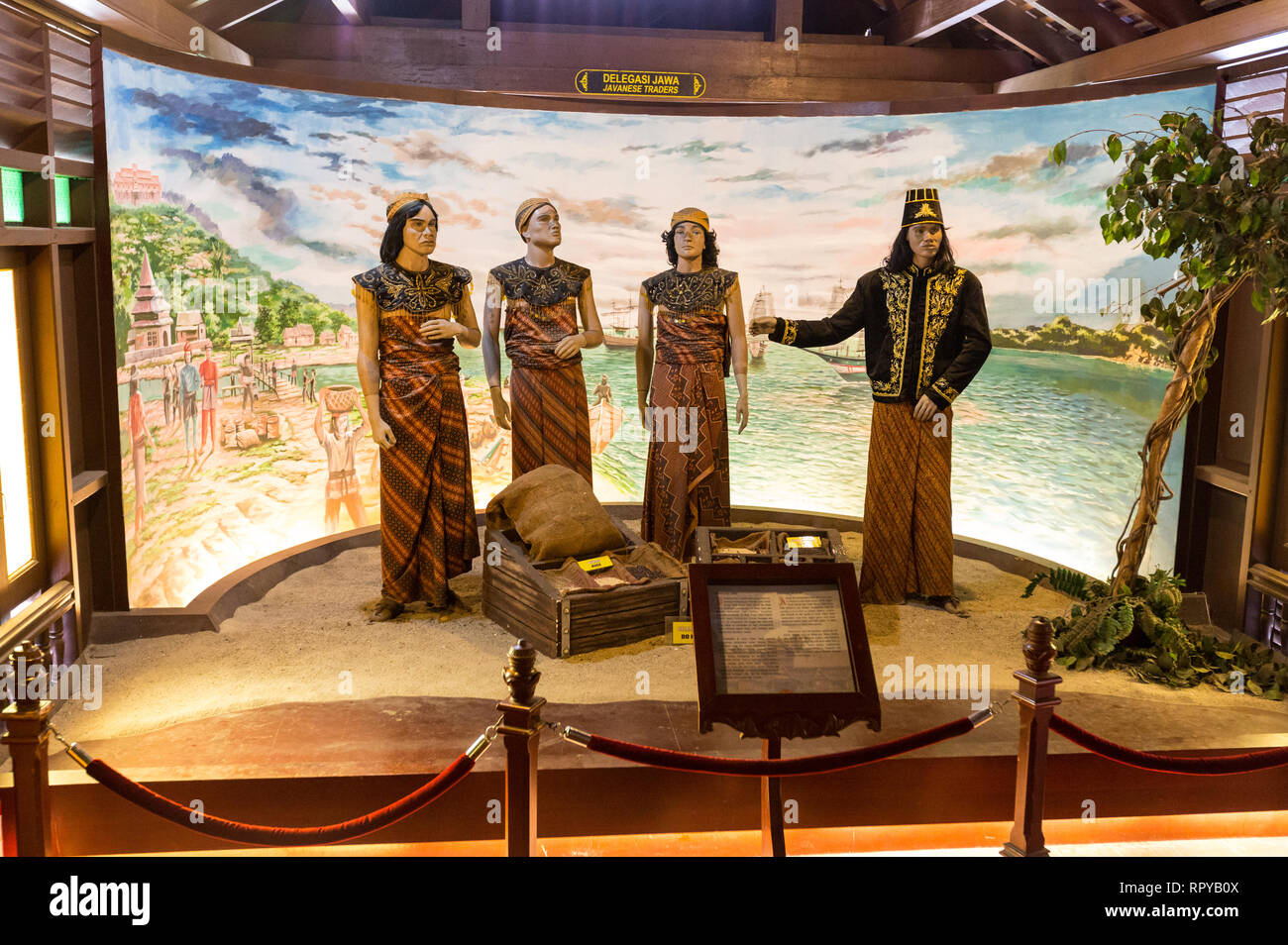 Ausstellung zeigt Javanischen Händlern in der Sultan Palace Museum, Istana Kesultanan, Melaka, Malaysia. Stockfoto