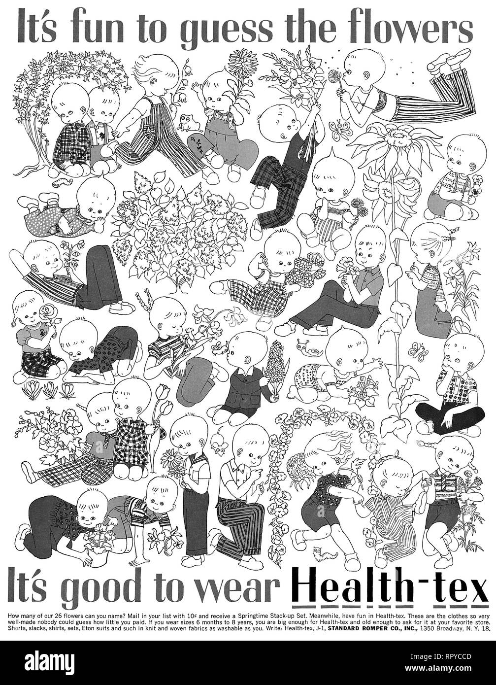 1959 US-Werbung für Gesundheit - tex Kinder Bekleidung durch den Standard Romper Unternehmen. Stockfoto