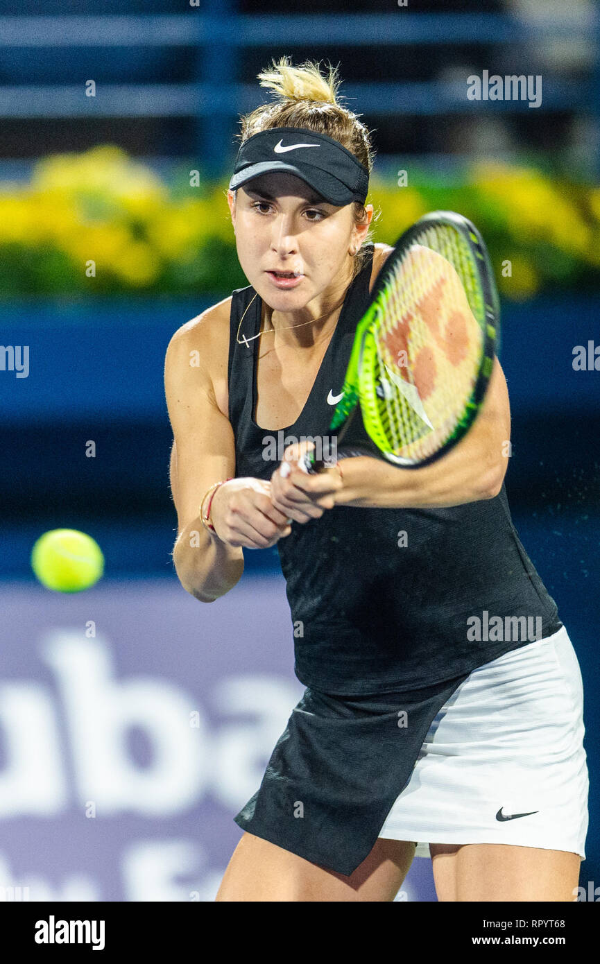 Dubai, VAE. 23. Februar, 2019. Belinda Bencic der Schweiz in Aktion im Finale gegen Petra Kvitova der tschechischen Republik während der Dubai Duty Free Tennis Meisterschaft am Dubai International Tennis Stadium, Dubai, UAE am 23. Februar 2019. Foto von Grant Winter. Credit: UK Sport Pics Ltd/Alamy leben Nachrichten Stockfoto