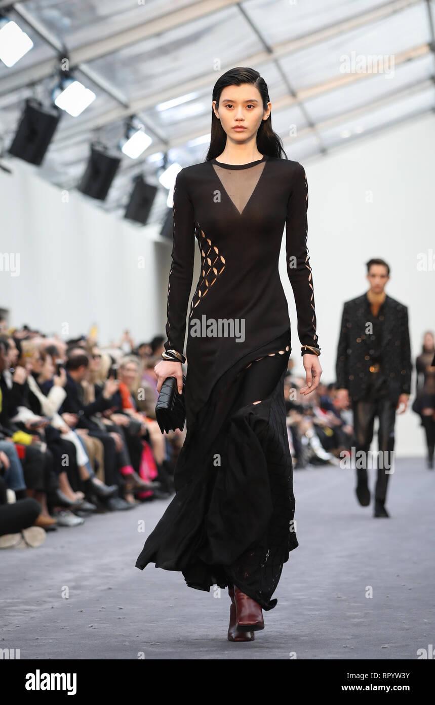 Mailand, Italien. 23 Feb, 2019. Modelle Kreationen von Roberto Cavalli während der Mailand Fashion Week Herbst/Winter 2019/2020 in Mailand, Italien, 23. Feb 2019. Credit: Cheng Tingting/Xinhua/Alamy leben Nachrichten Stockfoto