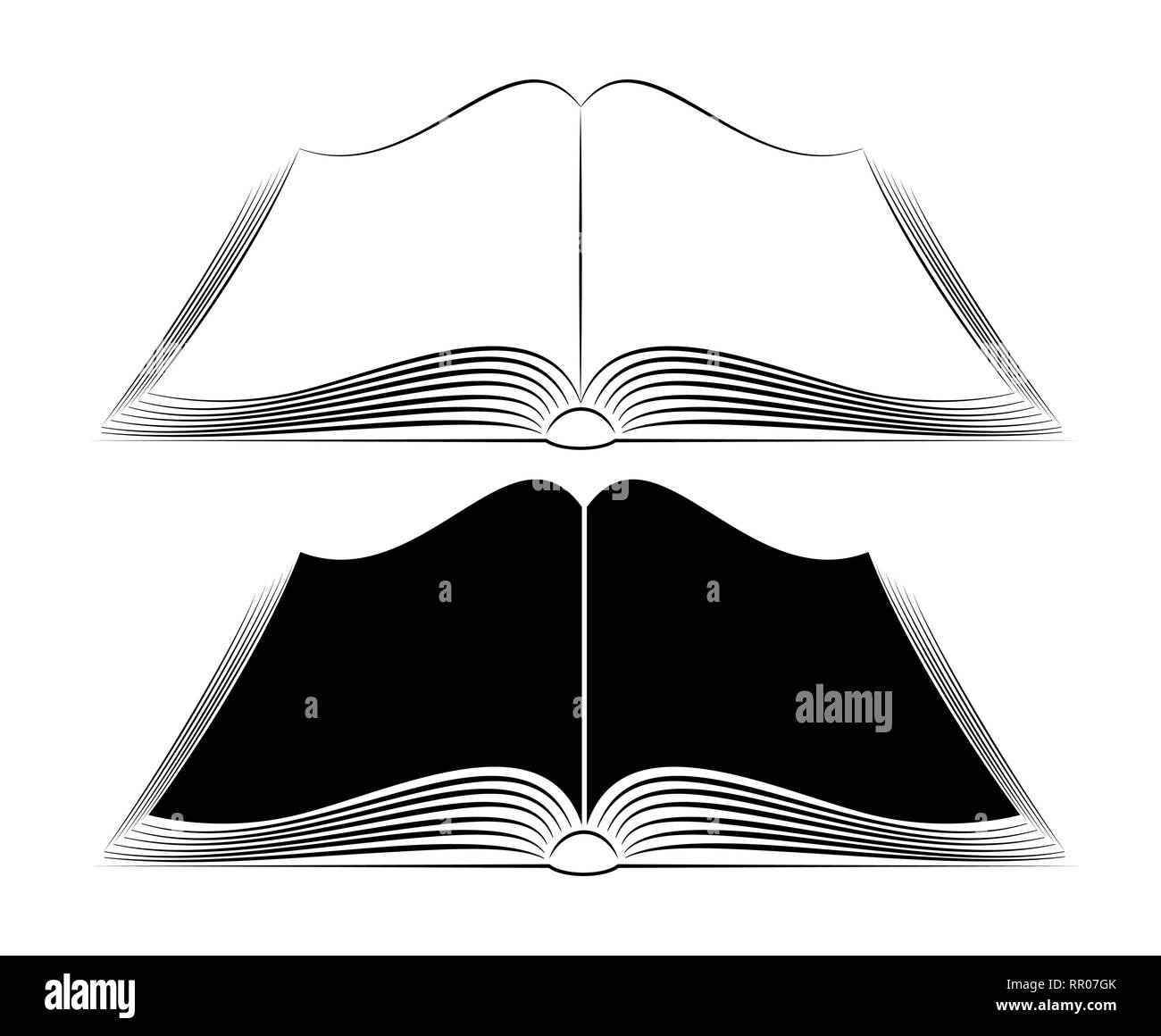 Ein offenes Buch auf dem Tisch. Einfachen schwarzen Umrissen. Logo oder Emblem einer Buchhandlung oder Knowledge Base. FAQ Stock Vektor