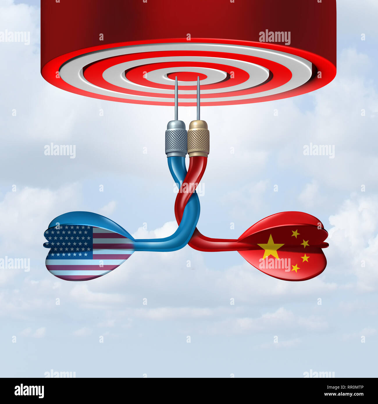 China USA Handelsabkommen als Vertreter dart Symbole zusammen vereint in einer erfolgreichen wirtschaftlichen Abkommen mit den Vereinigten Staaten und China. Stockfoto
