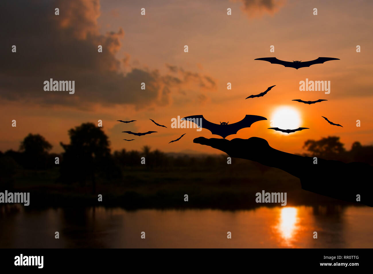 Hand Teufel befreien bat mit Silhouetten und Wasser spiegeln vor Sonnenuntergang im Halloween tag Konzept Hintergrund Stockfoto