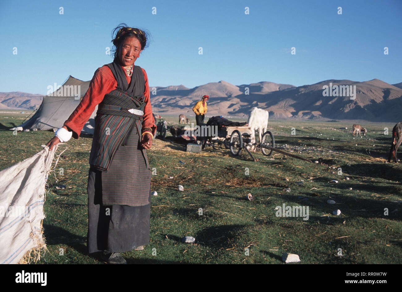 Bildunterschrift: Tingri, Teer, China - Jun 2001. Nomaden auf den Wiesen außerhalb Tingri - eine tibetische Stadt und Truck Stop an der Straße von Kathmandu nach Lahsa. Werden Stockfoto