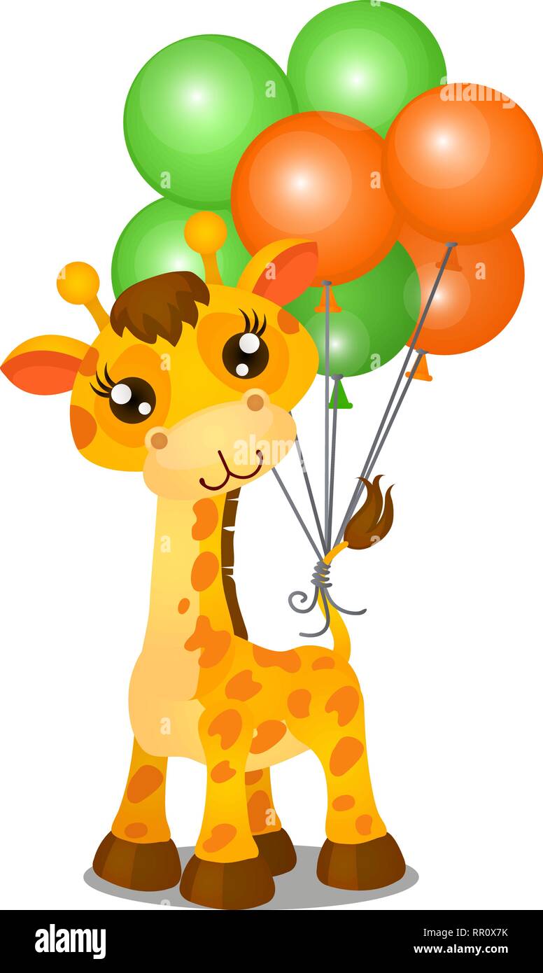 Nettes Spielzeug Giraffe und aufblasbare bunte Kugeln auf den Schwanz auf weißem Hintergrund gebunden. Vektor cartoon Close-up Abbildung. Stock Vektor