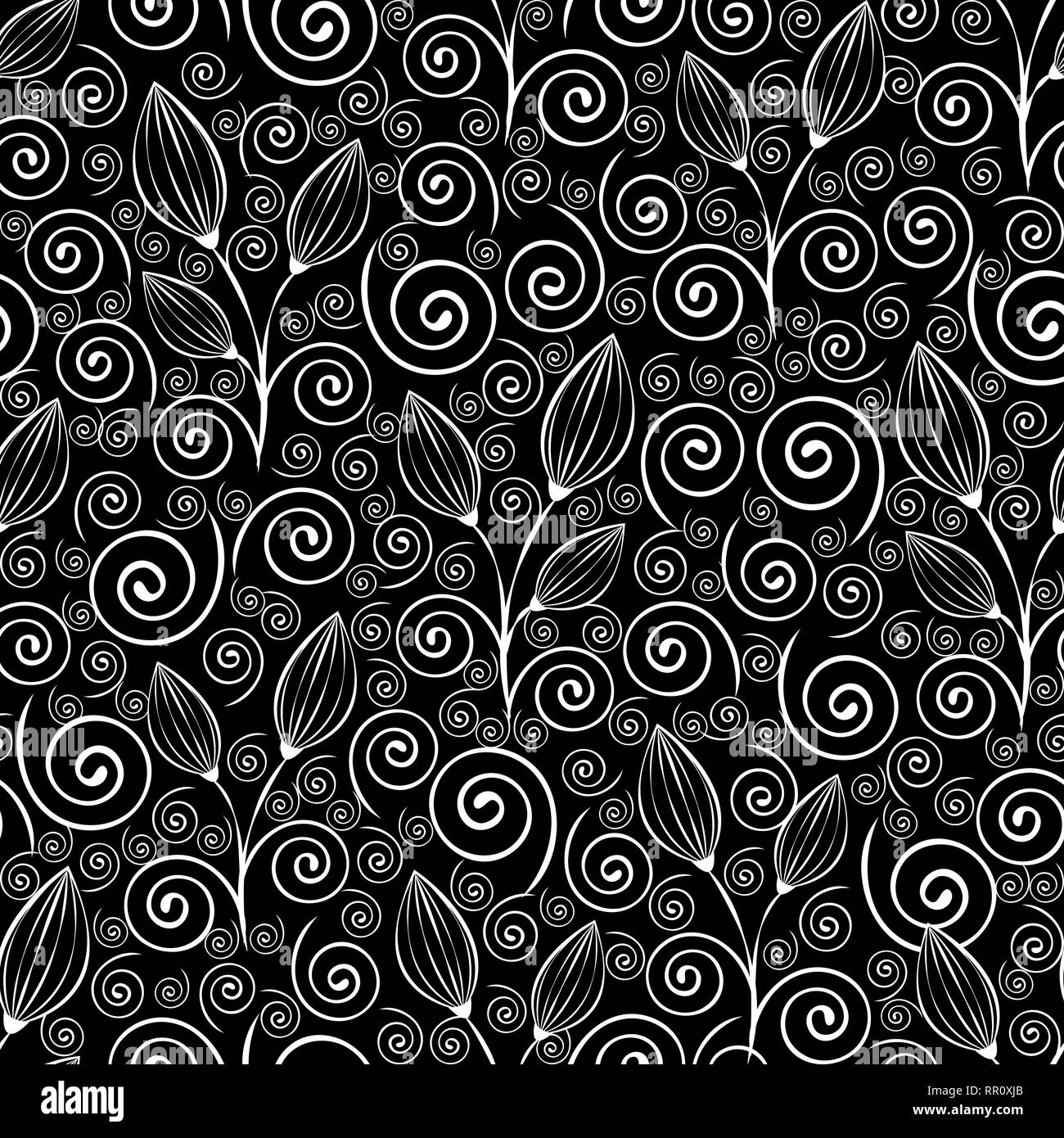 Abstrakte Blumen nahtlose Muster, schwarz und weiß Strichzeichnung, lineare Abbildung, Vektor monochromen Hintergrund. Weiße Blume geschlossenen Knospen, Bedienhebel Stock Vektor