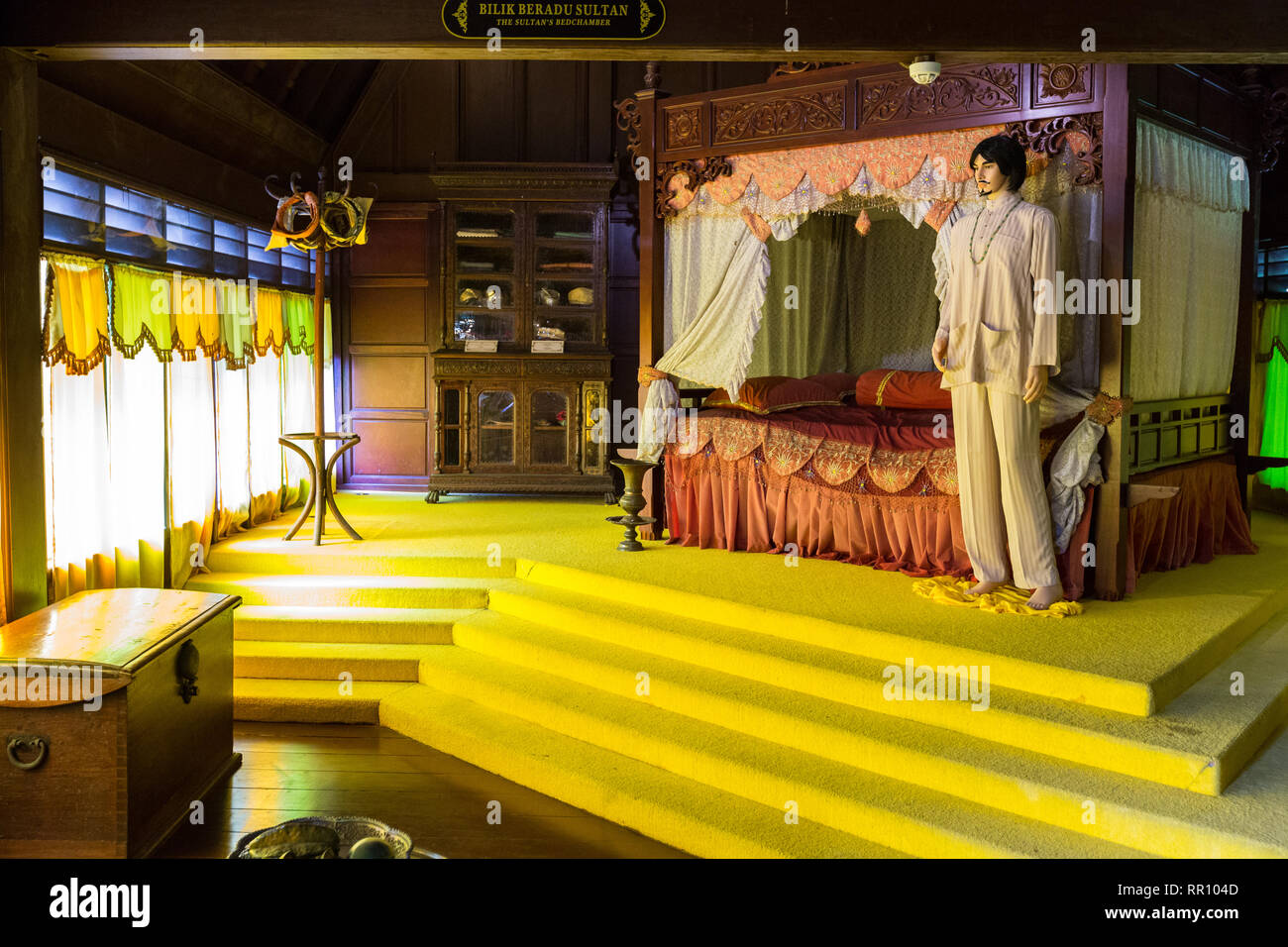 Sultan's Schlafzimmer in das Sultan's Palace Museum, Istana Kesultanan, Melaka, Malaysia. Stockfoto