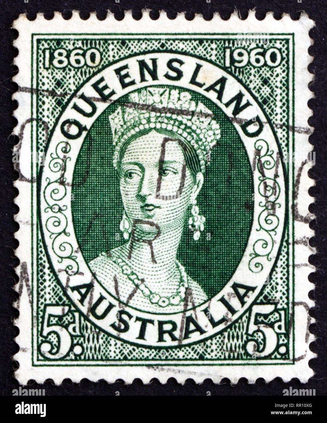 Australien - um 1960: ein Stempel im Australien gedruckten zeigt, Königin Victoria, 100. Jahrestag des ersten Queensland Briefmarken, um 1960 Stockfoto