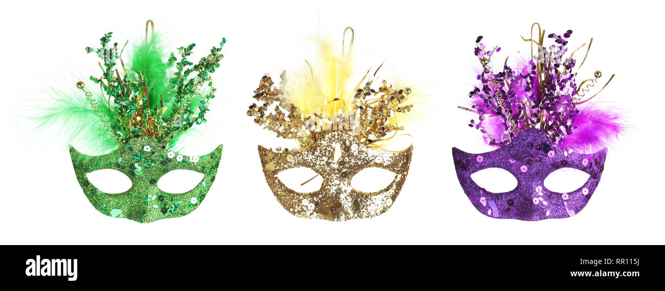 Sammlung von bunten Karneval Masken isoliert auf weißem Stockfoto