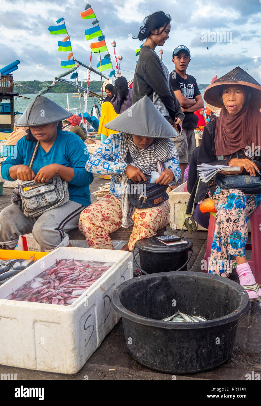 Weibliche Fischhändler tragen konischen Hüten den Verkauf von frischem Fisch am Kedonganan Fischmarkt, Jimbaran Bay Bali Indonesien. Stockfoto