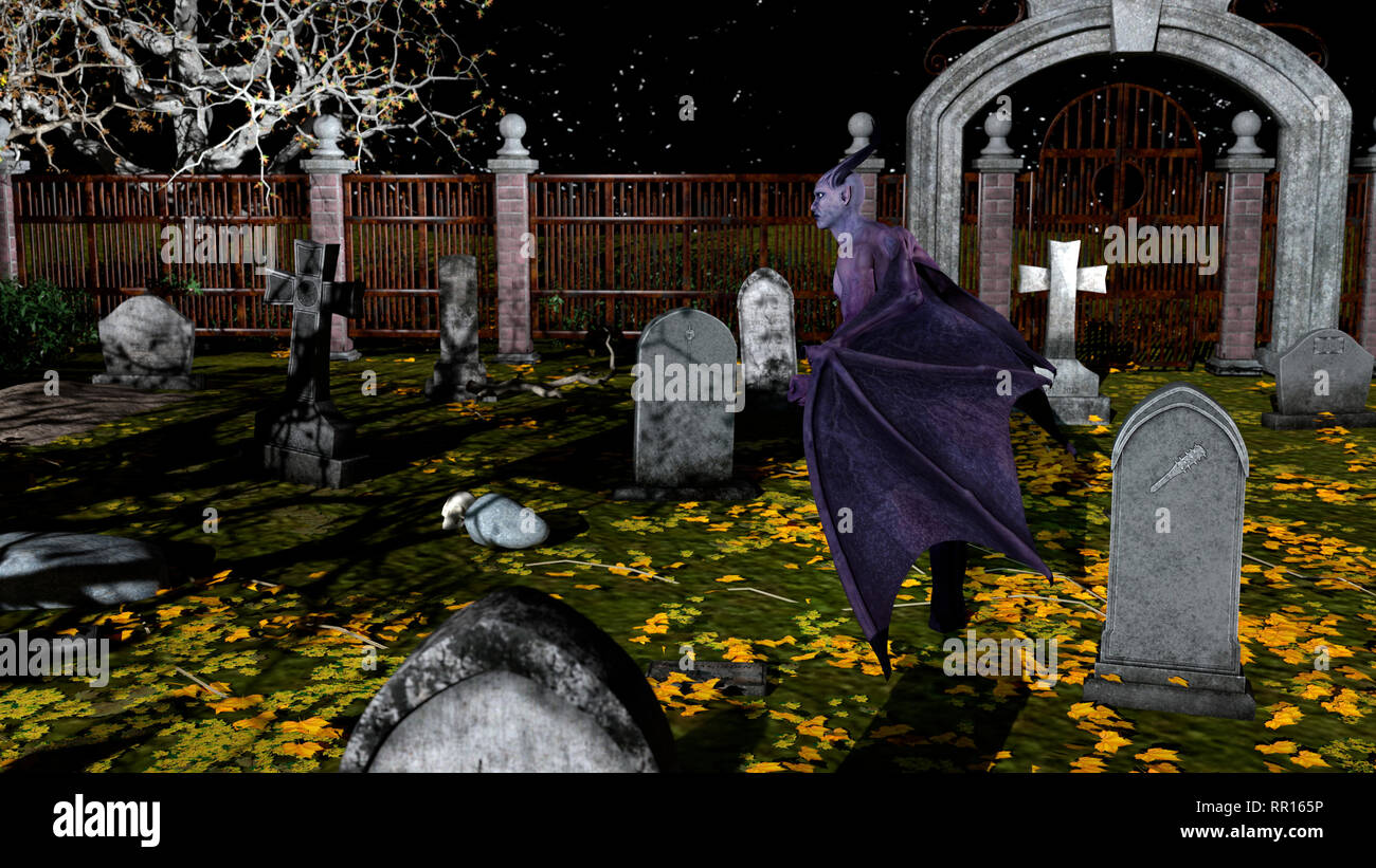 Der gefallene Engel des Todes in einem gruseligen Friedhof bei Nacht - 3D-Rendering Stockfoto