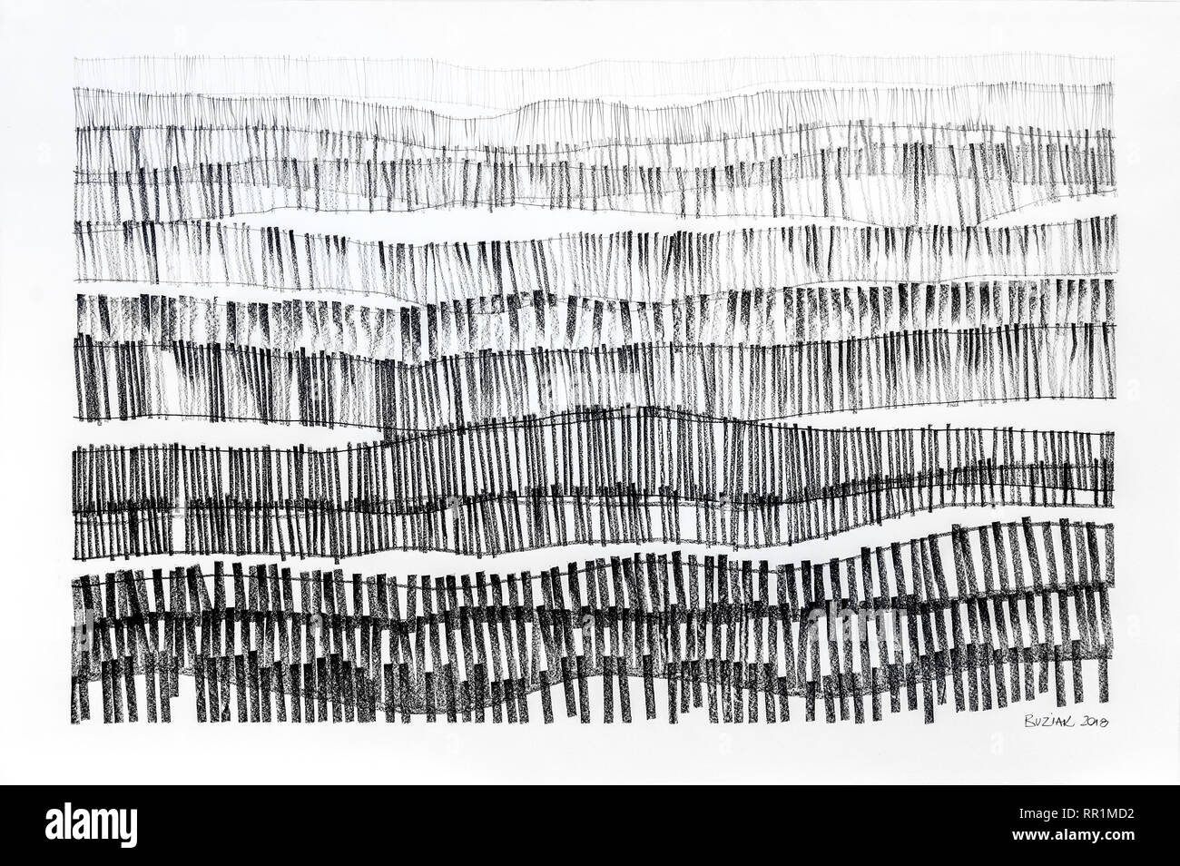 Kohlezeichnung von schneezäunen durch Ed Buziak. Stockfoto