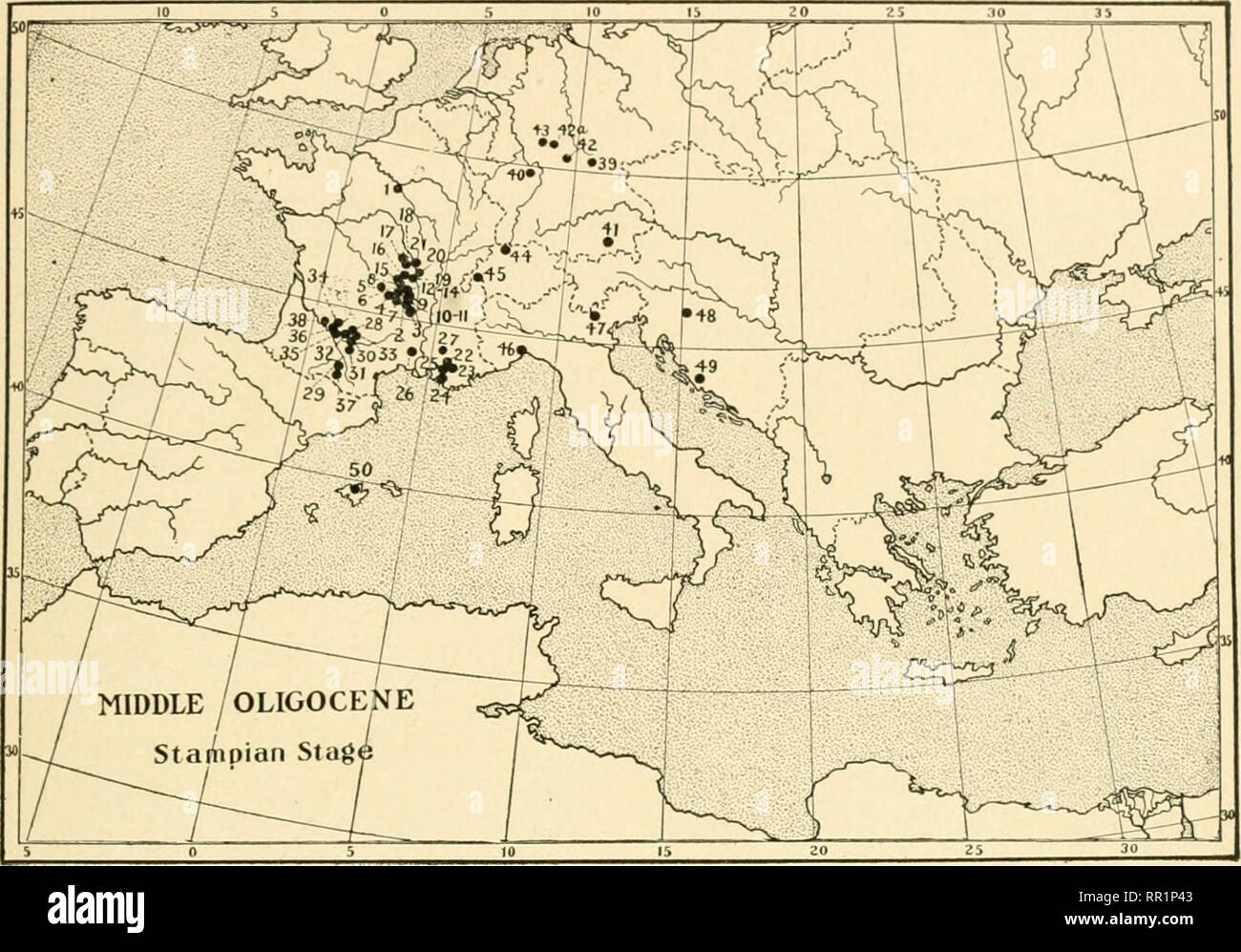 . Das Zeitalter der Säugetiere in Europa, Asien und Nordamerika. Säugetiere, Fossil, Paläontologie. Oligozän von Europa, Nordafrika und Nordamerika 191 und östlichen Teilen von Asien, Tiere, die gern von hügeligem Gelände mit Wäldern bedeckt, und die wahre Rehe, oder Cervina bezogen). Gleichzeitig wird die gelocids (Gelocus) zu ihrem letzten Auftritt im westlichen Europa. Ankünfte aus den nördlichen Regionen sind die Biber, oder castorids (Steyieo -. Abb. 82. - Mittlerer Oligozän. Stampian oder Oberen Tongrian. Frankreich. - Sables de 1 la Ferte-Alais, im Pariser Becken, lacustrine. In den Becken des Allier und der Uppe Stockfoto