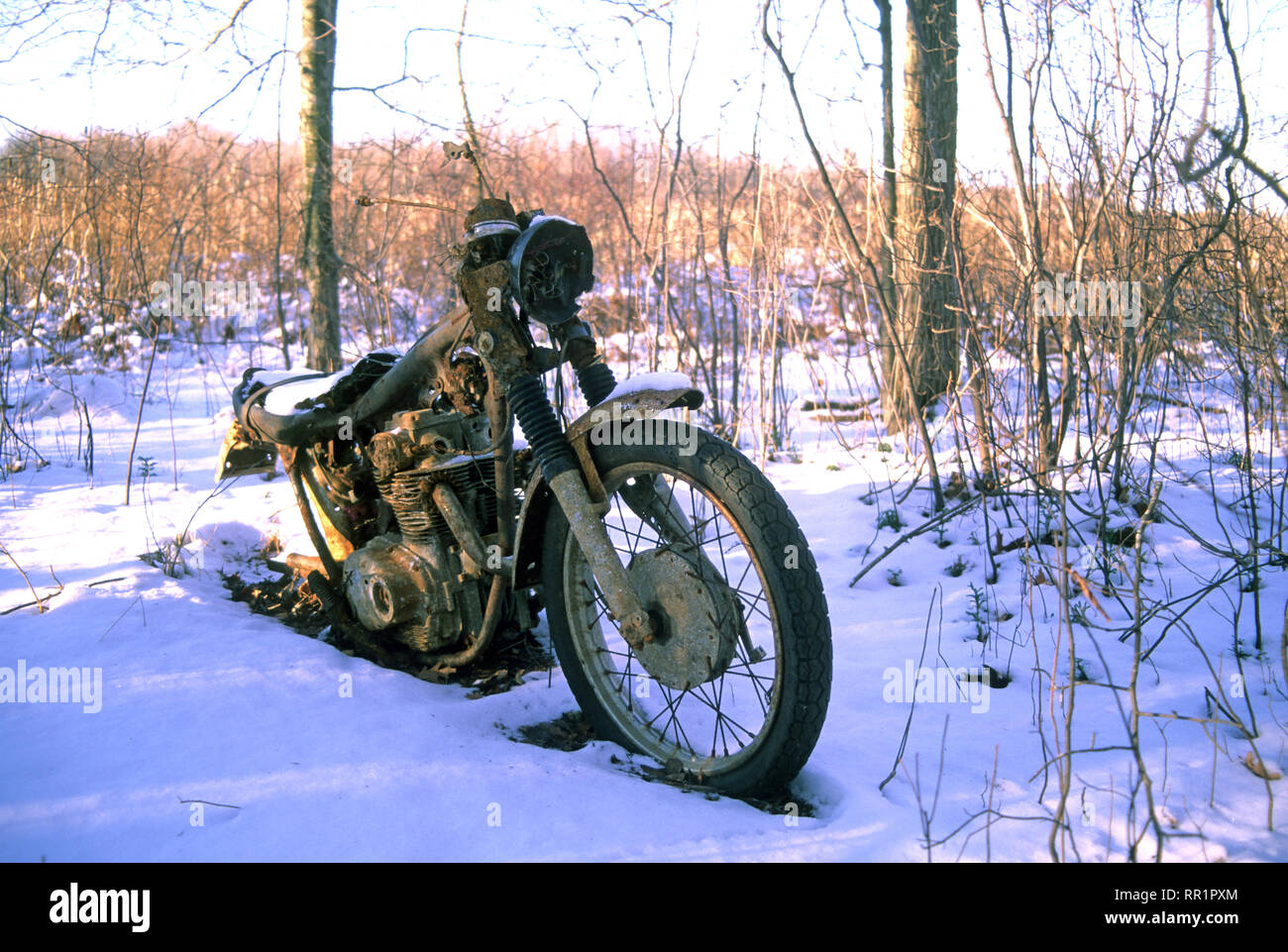 Eine lange verlassenen Motorrad in den Wäldern von Taunton, Massachusetts, USA Stockfoto