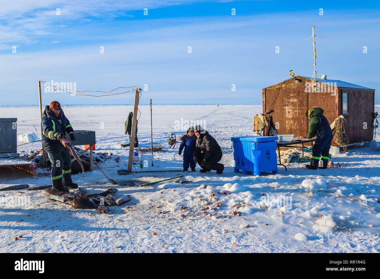 Die Leitungen bei Steinbutt Angeln auf den Cumberland Sound. Lehre der nächsten Generation, was geschieht. Stockfoto