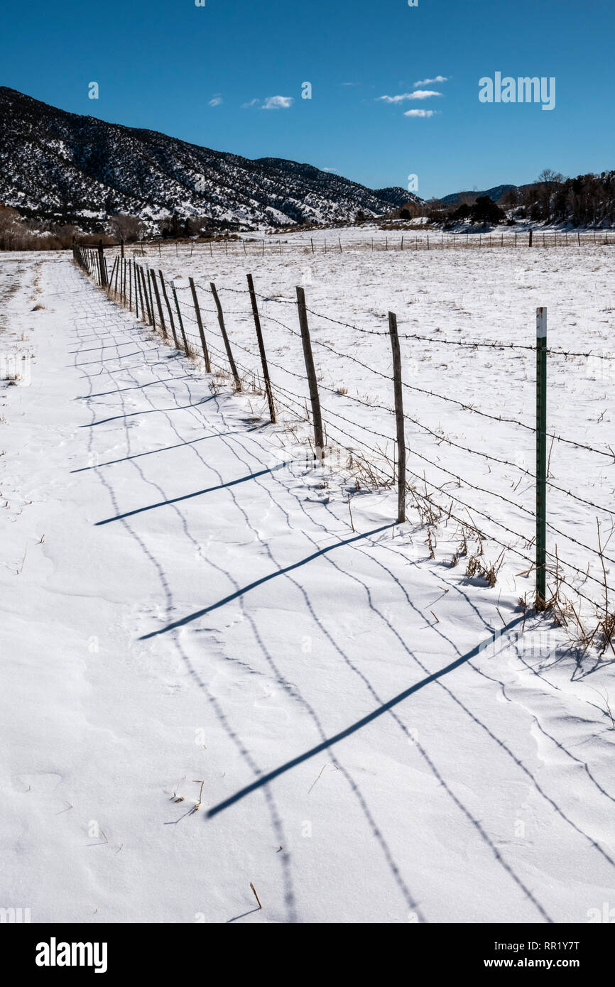 Stacheldraht zaun wirft Schatten auf Neuschnee; Vandaveer Ranch; Salida, Colorado, USA Stockfoto