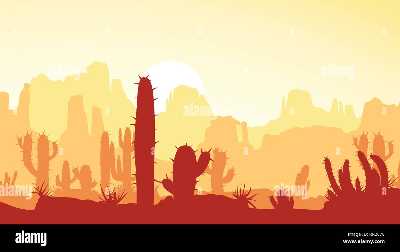 Wüste mit Kakteen bei Sonnenuntergang Stock Vektor
