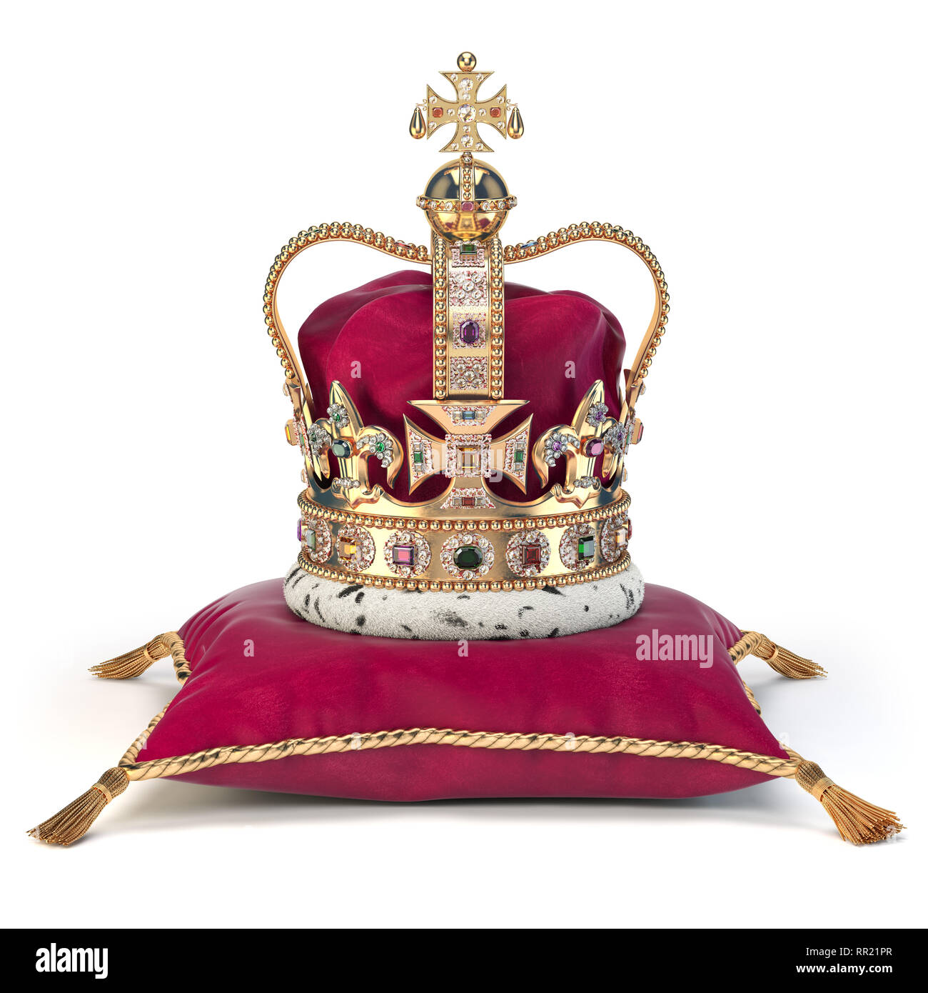 Goldene Krone auf rotem Samt Kissen für die Krönung. Royal Symbol der britischen Britischen Monarchie. 3D-Darstellung Stockfoto