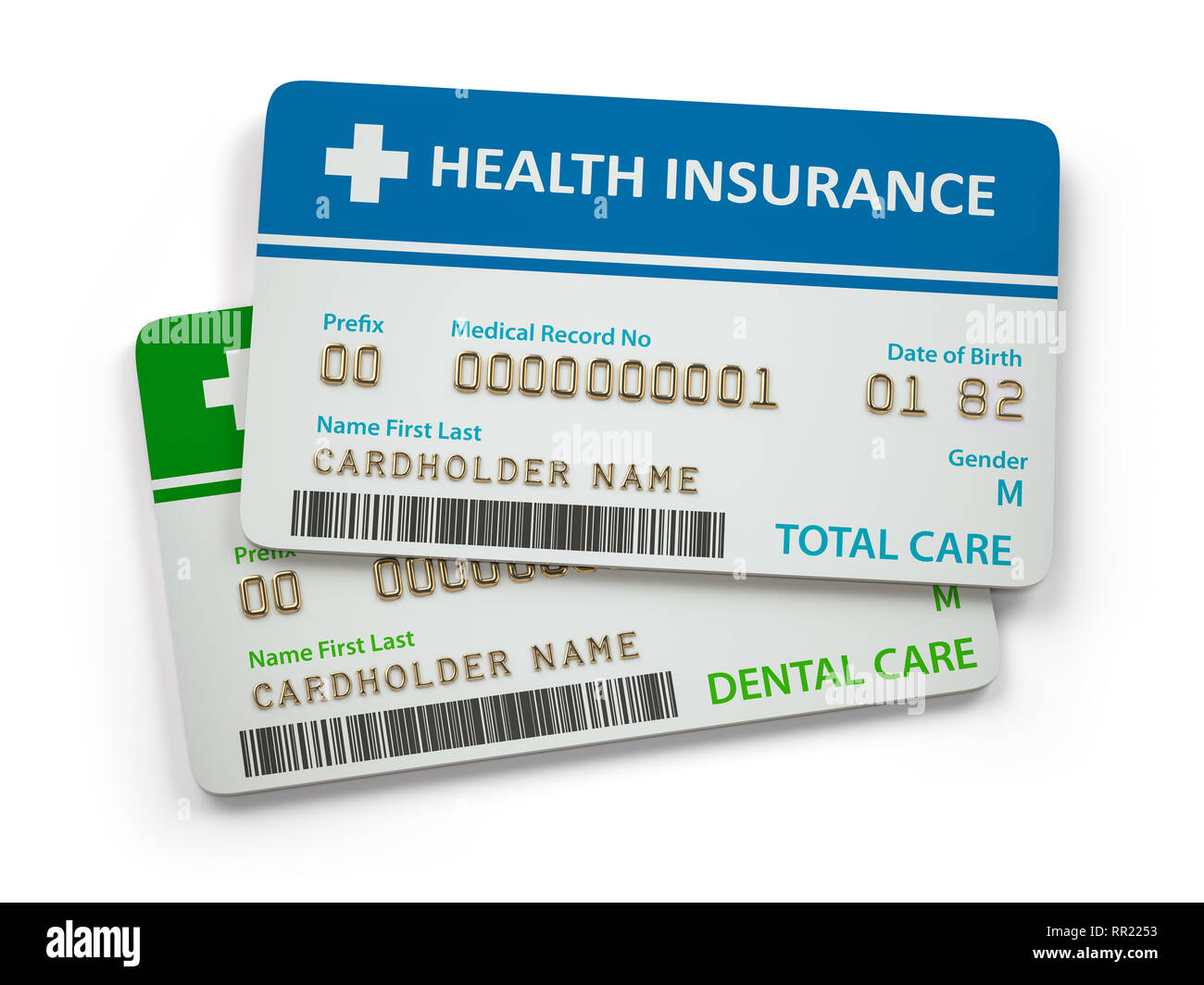 Krankenversicherungskarten Gesamt- und Zahnpflege auf weißem Hintergrund. 3D-Darstellung Stockfoto