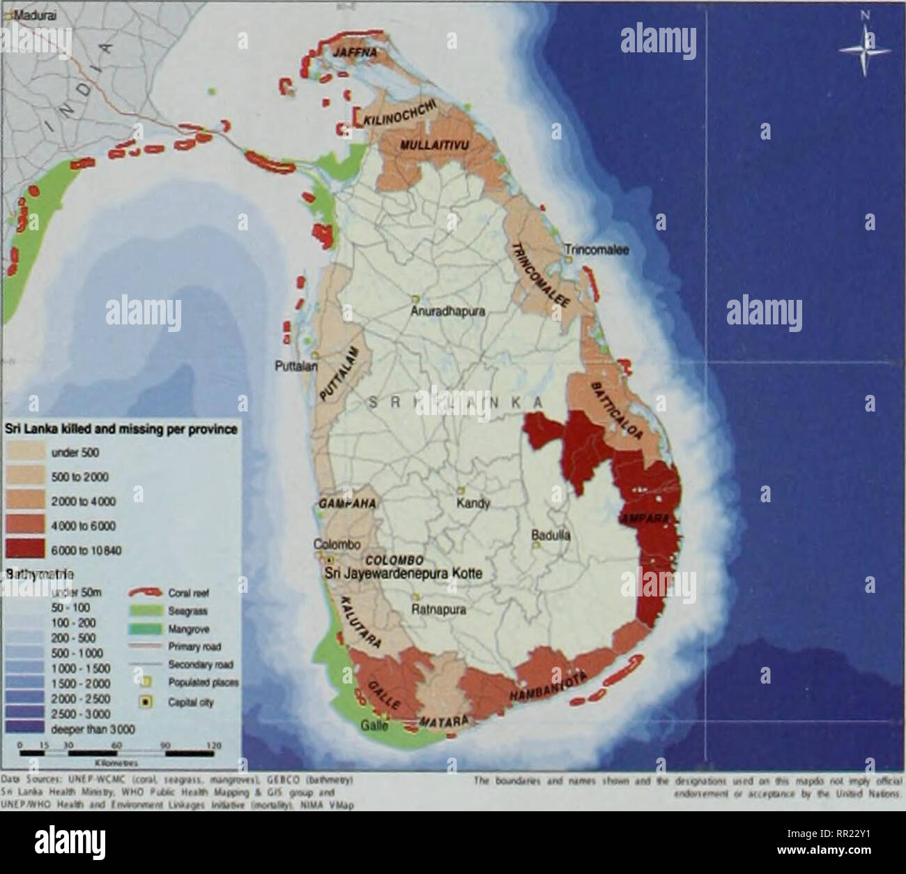 . Nach dem Tsunami: Rapid Environmental Assessment. Nationale RAPID Environmental Assessment - SRI LANKA 4. Nationale RAPID Environmental Assessment - SRI LANKA 4.1 Einführung der ersten tsunami Welle begann der östlichen Küste von Sri Lanka etwa 100 Minuten nach dem Erdbeben, bei ungefähr 8:40 Uhr die Welle war zwischen 5 und 6,5 Meter in den meisten östlichen und nordöstlichen Küste aufgezeichnet, und Teile der südlichen Küste, die meisten Schäden bis zu 3 Meter über Normalnull. Eine sekundäre Kurve schlug etwa 20 Minuten später. Die komplexe Interaktion zwischen Wasser-b Stockfoto