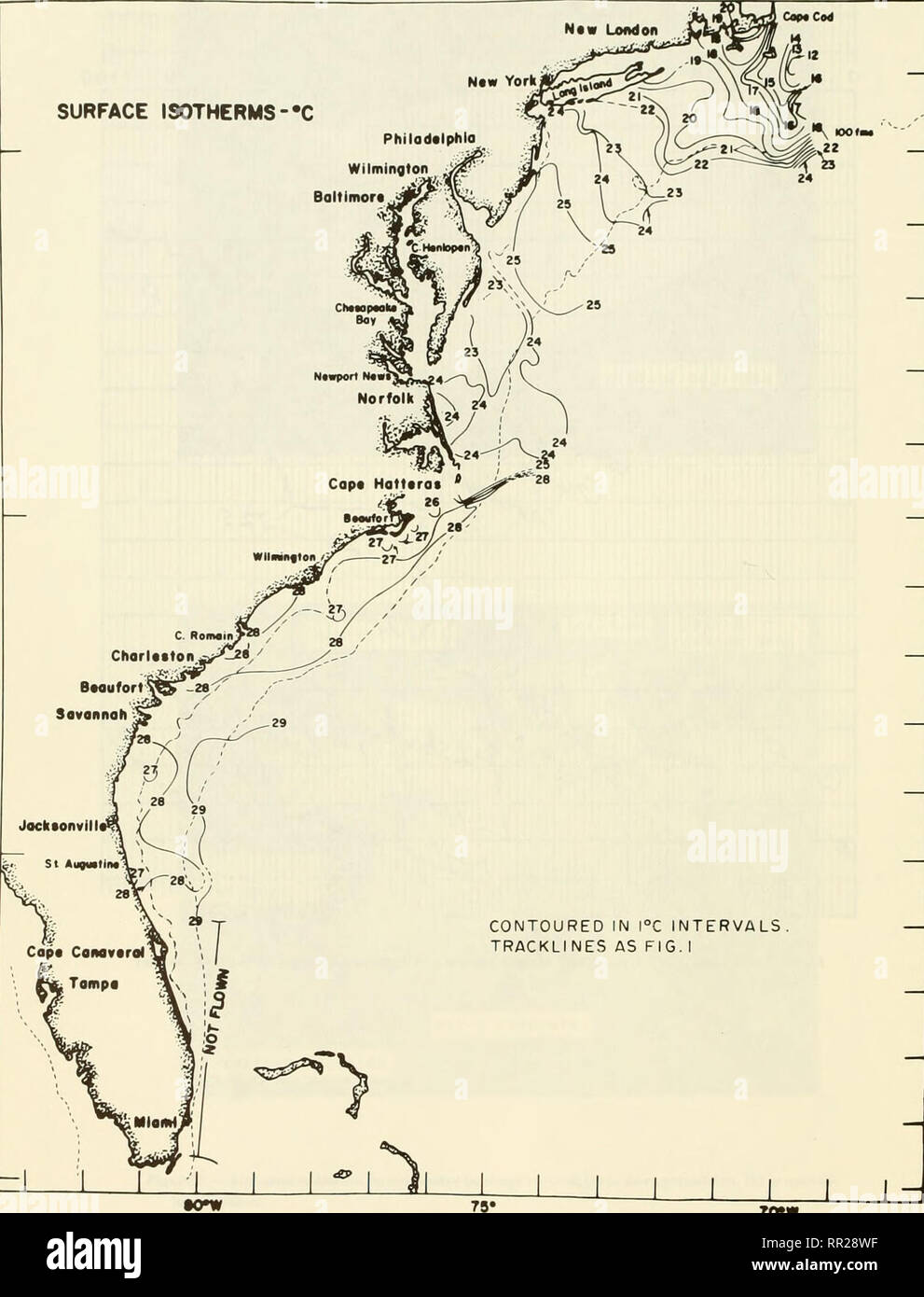 . Antenne ozeanographische Beobachtungen, Cape Cod, Massachusetts nach Miami, Florida: Juli 1969 - Juni 1970. Ozeanographie - Atlantikküste (U. S.); die Temperatur der Ozeane - Atlantikküste (U. S.); die Temperatur der Ozeane - Messung; Strahlung - Messung. Oberfläche ISOTHERMEN - • € Philodalptiia Wilmington Boitimor*. 40*N JS "30" bis "25 = W W Abbildung 4.- monatlich Oberfläche isutliiTiii iharl, Juli 14 - 18, 1969. 10. Bitte beachten Sie, dass diese Bilder extrahiert werden aus der gescannten Seite Bilder, die digital haben für die Lesbarkeit verbessert - Färbung und Aussehen dieser Abbildungen können nicht Perfekt resembl Stockfoto