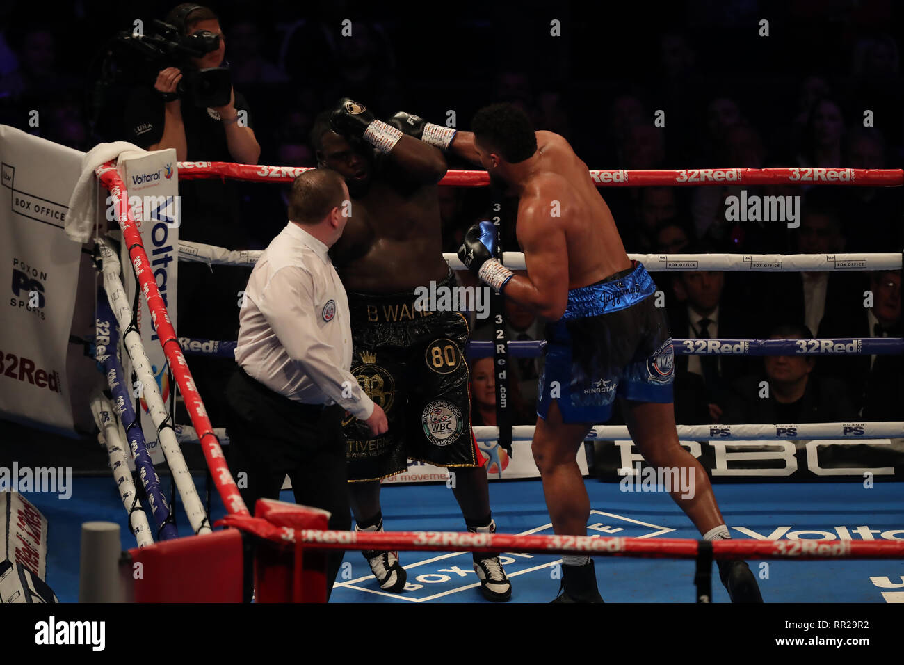 London, Großbritannien. 23. Februar 2019. 23. Februar 2019, O2 Arena, London, England; IBO Supermittelgewicht Welt Titel kämpfen, James De Gale versus Chris Eubank Jr; Undercard kämpfen zeigt Joe Joyce landet einen rechten Haken auf bermane Stiverne und ihn knock down Credit: Aktion Plus Sport Bilder/Alamy leben Nachrichten Stockfoto